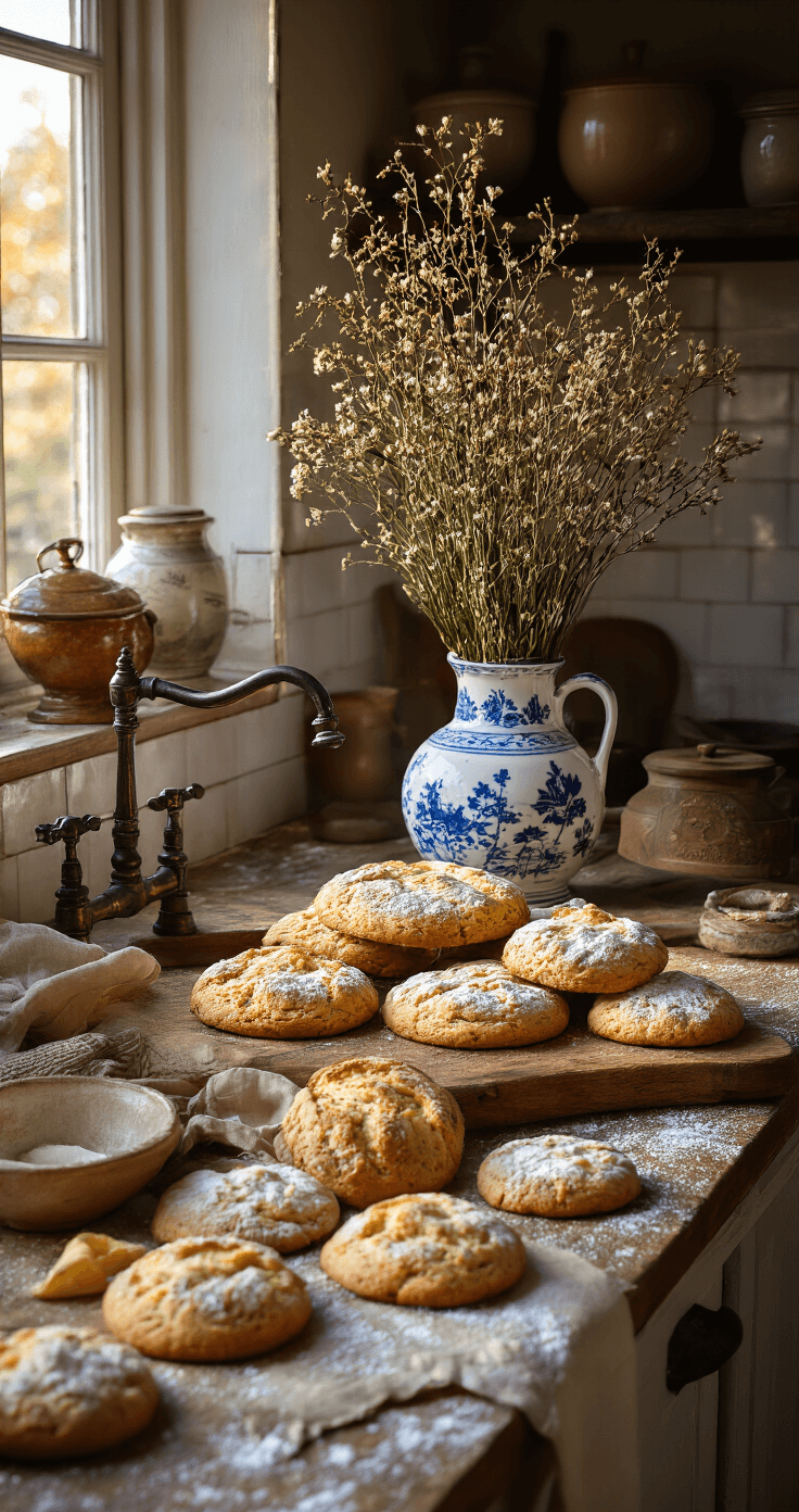 DIY Kerstkoekjes: Hoe Maak Je Ze Perfect voor de Feestdagen Klassieke Nederlandse keuken met verse kerstkoekjes deeg op een houten werkblad, antieke kom met boter, kristallen suikerpot, en traditionele blauwe Delftse tegels op de achterwand, verlicht door warm avondlicht dat dramatische schaduwen creëert.