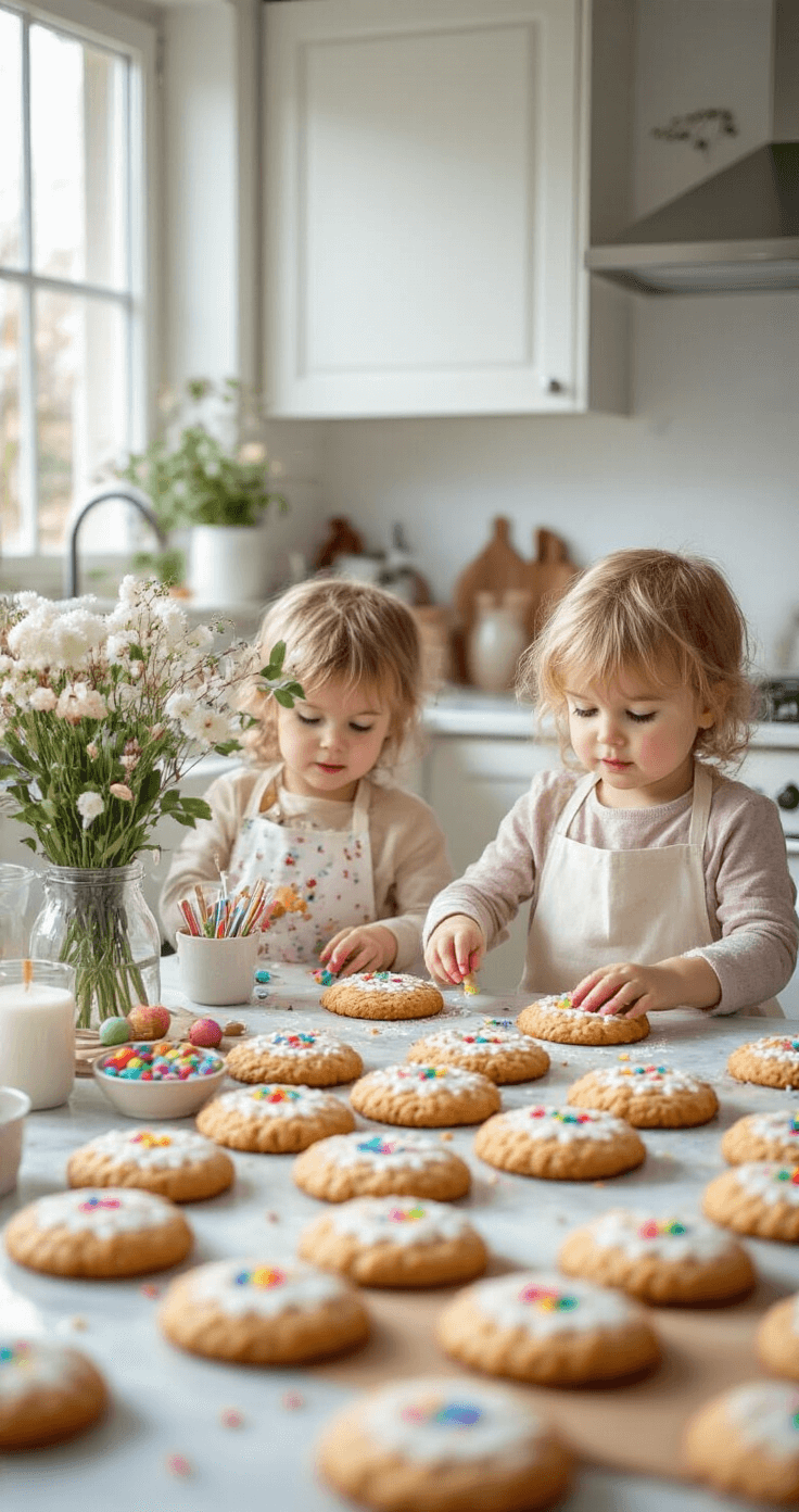 DIY Kerstkoekjes: Hoe Maak Je Ze Perfect voor de Feestdagen Kinderen decoreren kerstkoekjes in een lichte Nederlandse keuken met wit marmer, kleurrijke glazuur tubes en sprinkles. De sfeer is vrolijk en speels met natuurlijke houten accenten en verse bloemen.