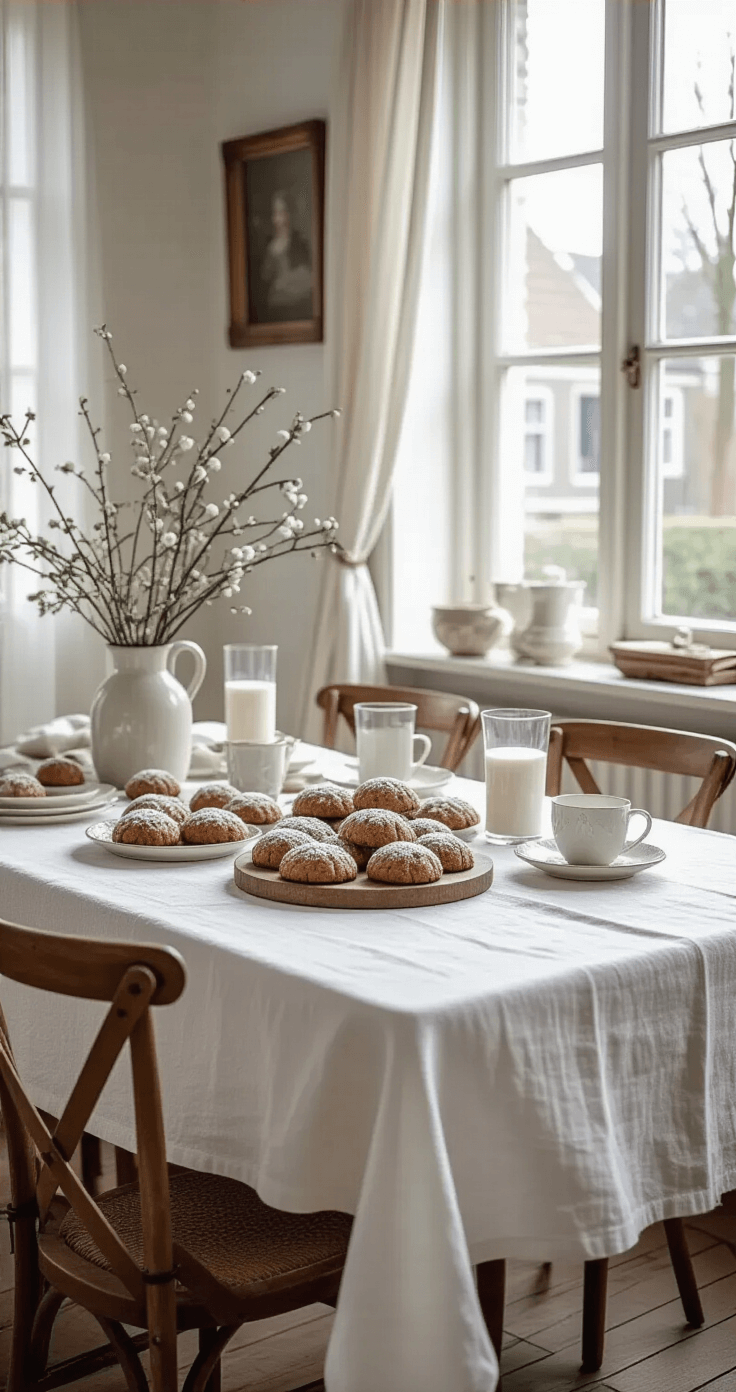 DIY Kerstkoekjes: Hoe Maak Je Ze Perfect voor de Feestdagen Elegante Nederlandse eetkamer met kerstkoekjes, wit linnen tafelkleed, professioneel gerangschikte koekjes met artistieke glazuur patronen, vintage zilverwerk en kristallen glazen met melk, grote ramen met sheer gordijnen, macro lens perspectief voor detailfocus.