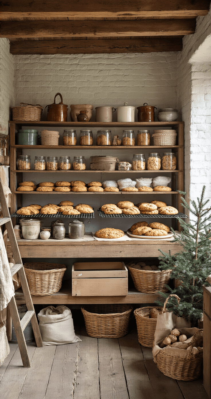 DIY Kerstkoekjes: Hoe Maak Je Ze Perfect voor de Feestdagen Traditionele Nederlandse voorraadkamer met houten planken vol vintage blikdozen en glazen potten met kerstkoekjes, verlicht door zacht laatmiddaglicht, met een nostalgische sfeer en het aroma van kaneel en vanille.