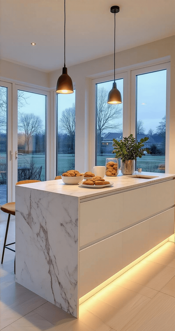 DIY Kerstkoekjes: Hoe Maak Je Ze Perfect voor de Feestdagen Moderne Nederlandse woonkeuken tijdens het blauwe uurtje met elegante presentatie van kerstkoekjes op een stijlvol wit eiland met marmeren werkblad, warme LED verlichting, grote panorama ramen en Scandinavisch design.