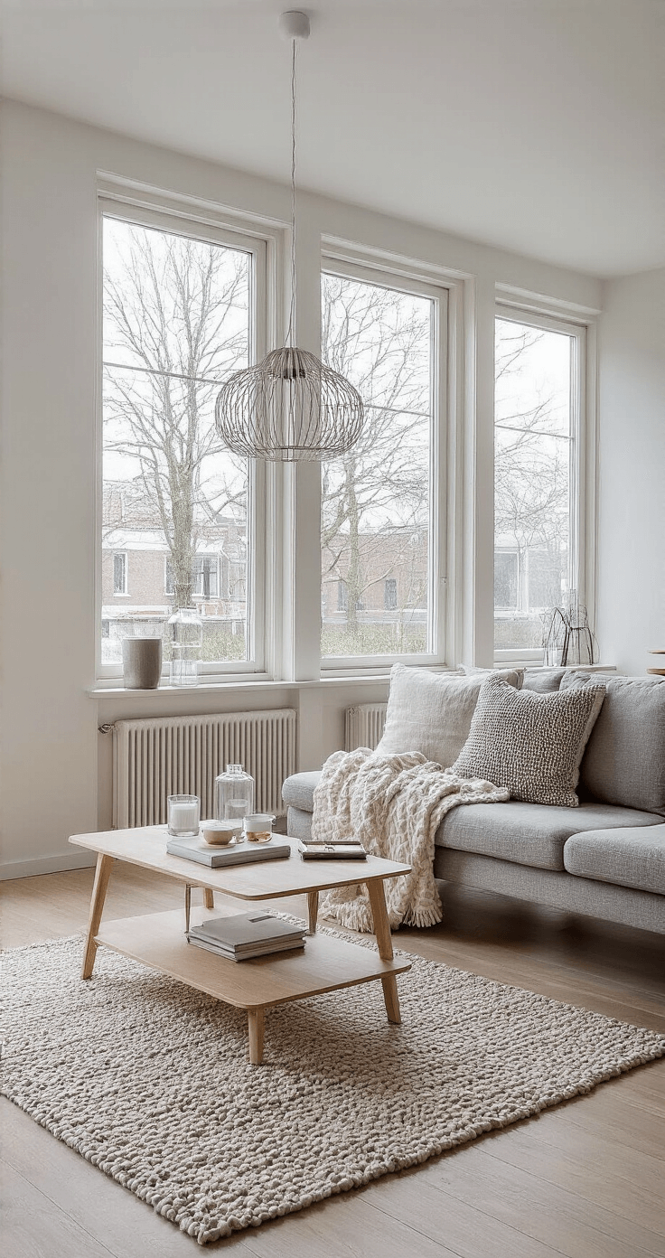 Kerstengel Knutselen: Creatieve DIY Handleiding voor Alle Leeftijden Moderne Scandinavische woonkamer op een winterochtend met een minimalistische knutselsetup, inclusief licht berken houten salontafel, zorgvuldig georganiseerde materialen, grote ramen en groene kamerplanten. Elegant kerstvrouwensculpturen als decoratie, serene sfeer met een neutraal kleurenpalet.