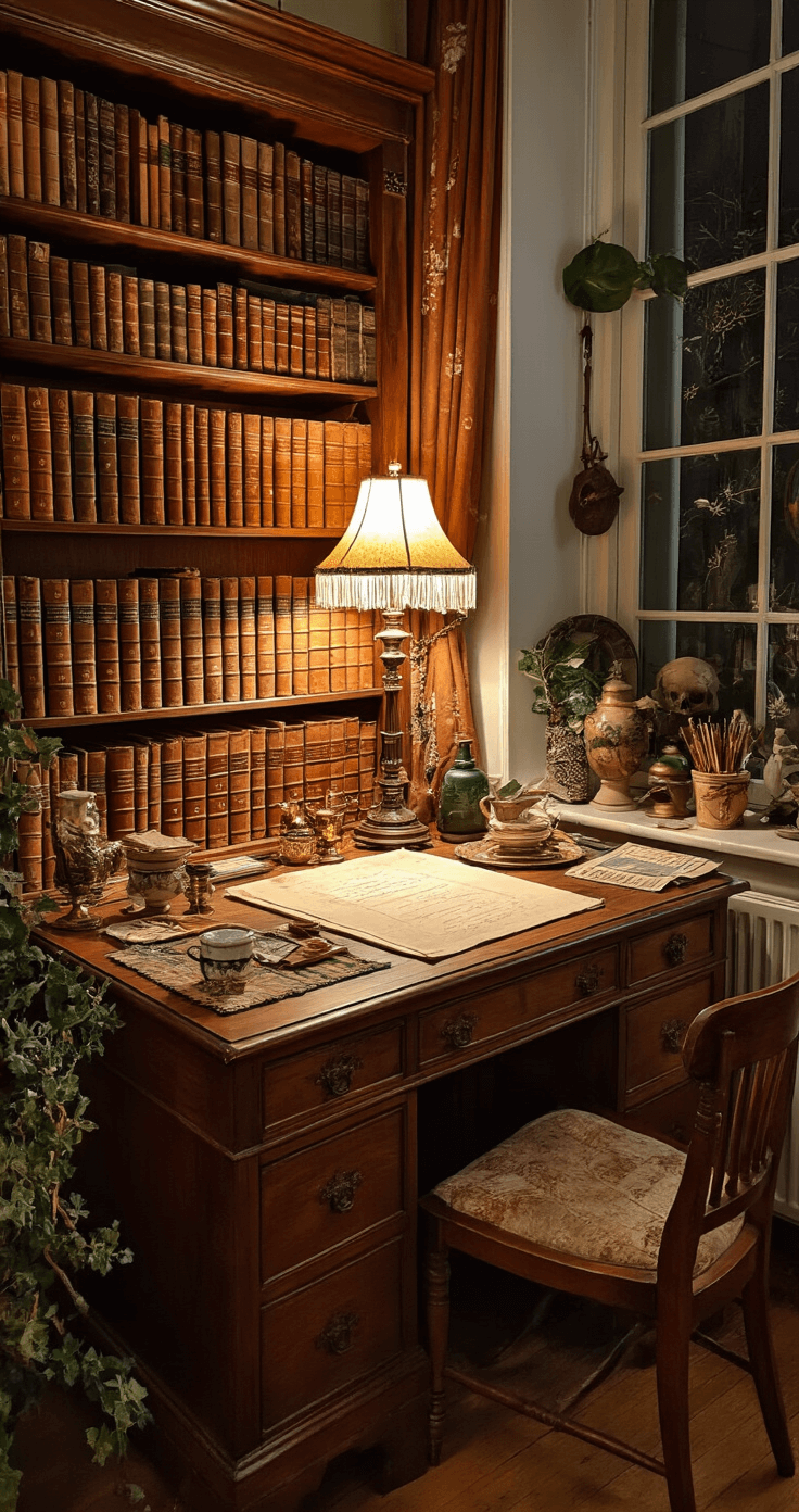 Kerstengel Knutselen: Creatieve DIY Handleiding voor Alle Leeftijden Knusse studeerkamer met antiek mahoniehouten bureau, warme bureaulamp en artistiek verspreide luxe knutselmaterialen. Achtergrond van boekenkasten met oude boeken, donkerrode muren en een sfeervolle, nostalgische ambiance.