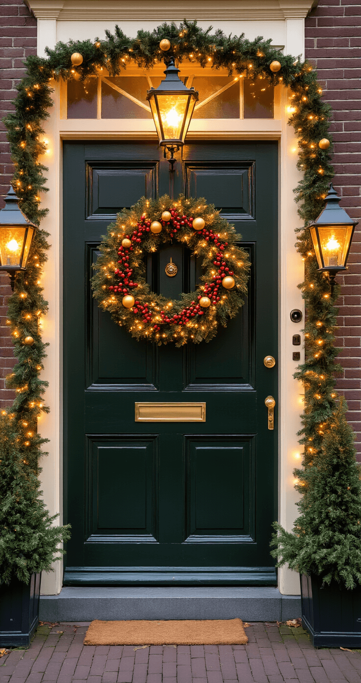 Kerstversiering bij de Voordeur: Jouw Ultieme Pinterest-Waardige Gids voor 2024 Elegant donkergroene Nederlandse voordeur met kerstversiering in warm natuurlijk licht tijdens het gouden uur. XL kerstkrans met dennentakken, rode bessen en LED-verlichting, omringd door lantaarns met flikkerende kaarsen en guirlandes met gouden accenten. Bakstenen gevel heeft rijke texturen en de compositie is verlicht met zachte, warme tinten.