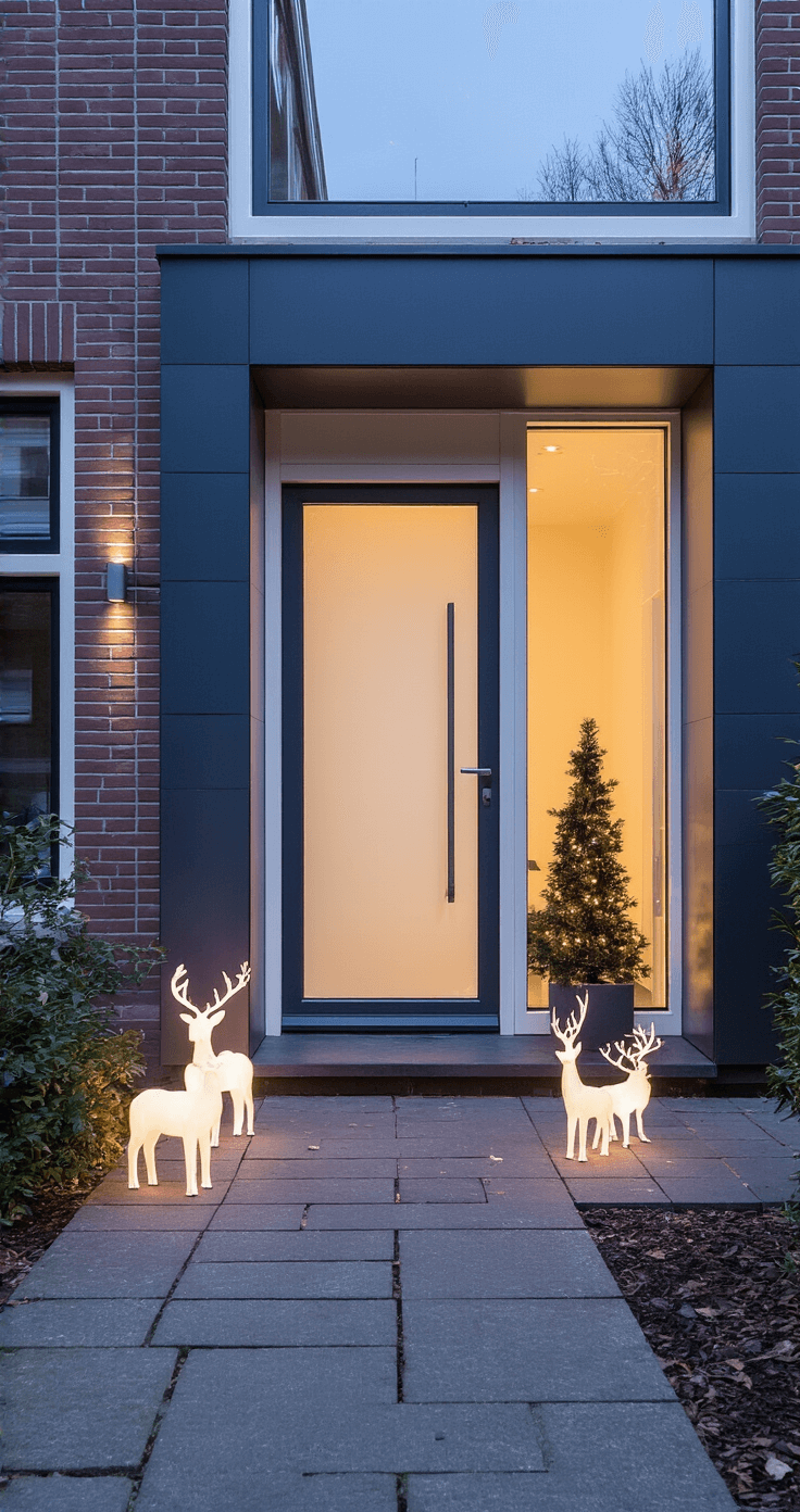 Kerstversiering bij de Voordeur: Jouw Ultieme Pinterest-Waardige Gids voor 2024 Moderne Nederlandse entree met LED-lichtsnoeren in pastelblauwe en witte tinten, een antracietgrijze deur, verlichte rendieren op de stoep, en minimalistische dennentakken in glazen vazen, met een glad gepleisterde gevel die het kleurrijke licht weerkaatst.