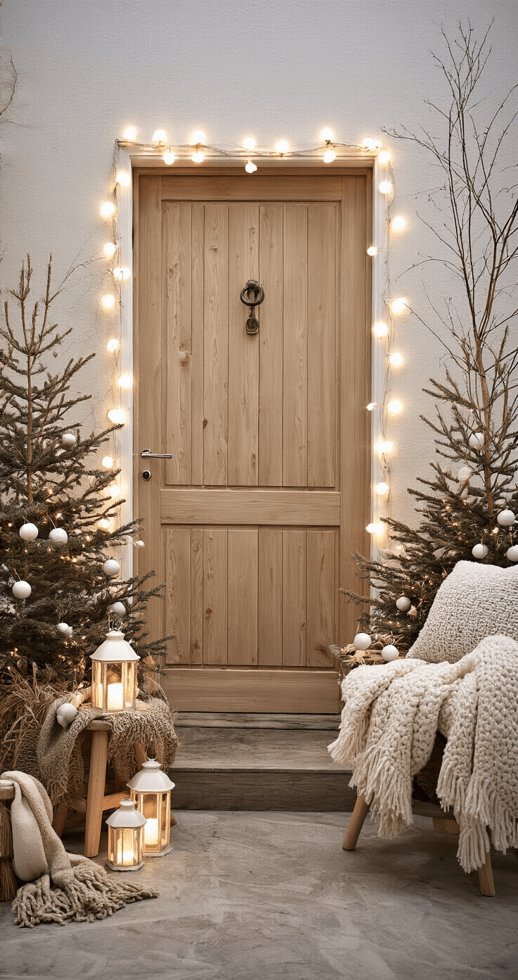 Kerstversiering bij de Voordeur: Jouw Ultieme Pinterest-Waardige Gids voor 2024 Scandinavische voordeur scene tijdens de schemering met lichthouten deur, dennentakken, witte lantaarns, warme verlichting, wollen dekens op houten krukjes en een betonnen vloer, allemaal met een hygge-sfeer.