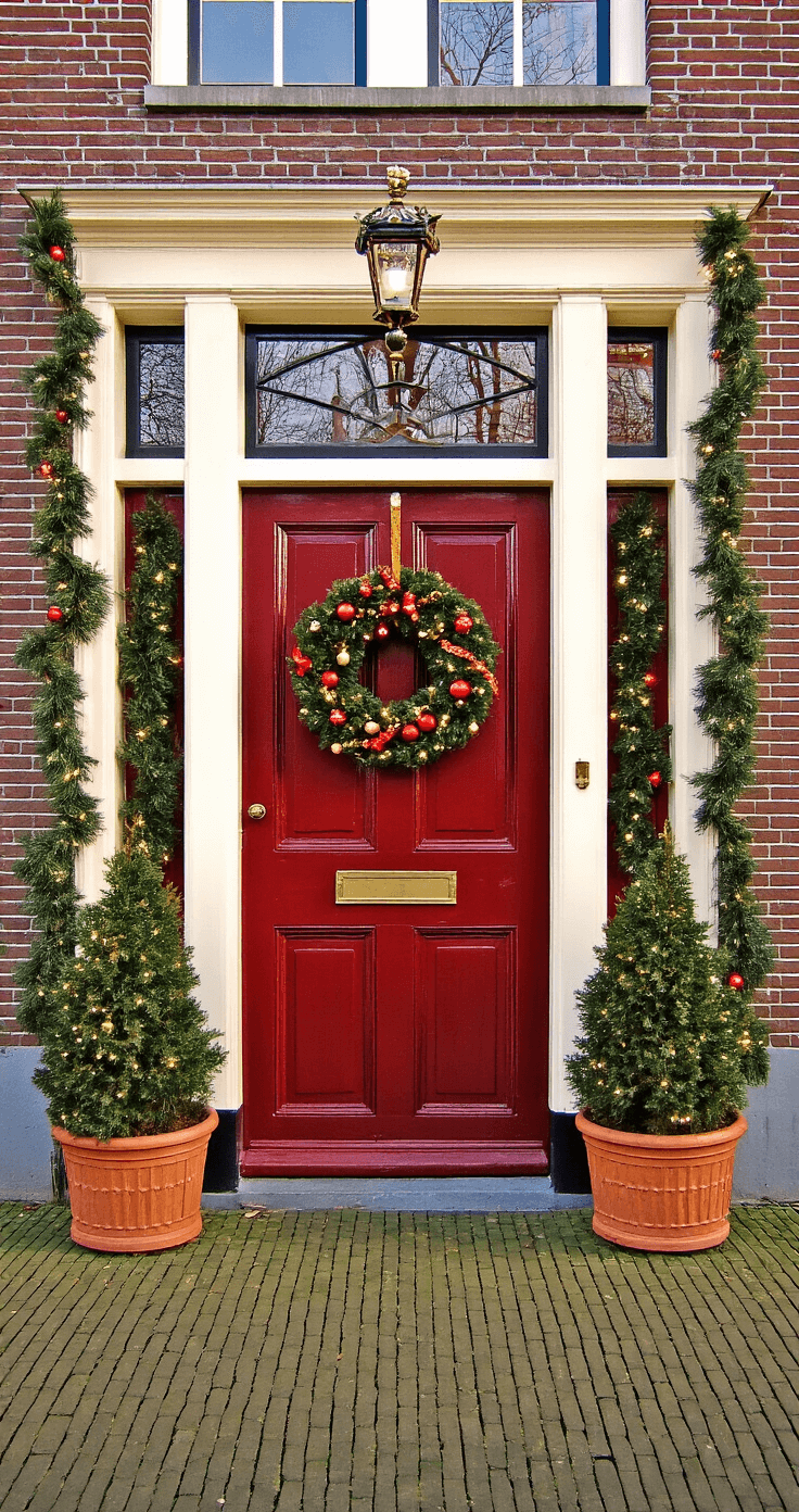 Kerstversiering bij de Voordeur: Jouw Ultieme Pinterest-Waardige Gids voor 2024 Een klassieke bordeauxrode Nederlandse voordeur met een weelderige kerstkrans, omringd door conifeerbomen in terracotta potten, aangekleed met gouden lichtsnoeren, en koperen lantaarns, op een heldere winterochtend.