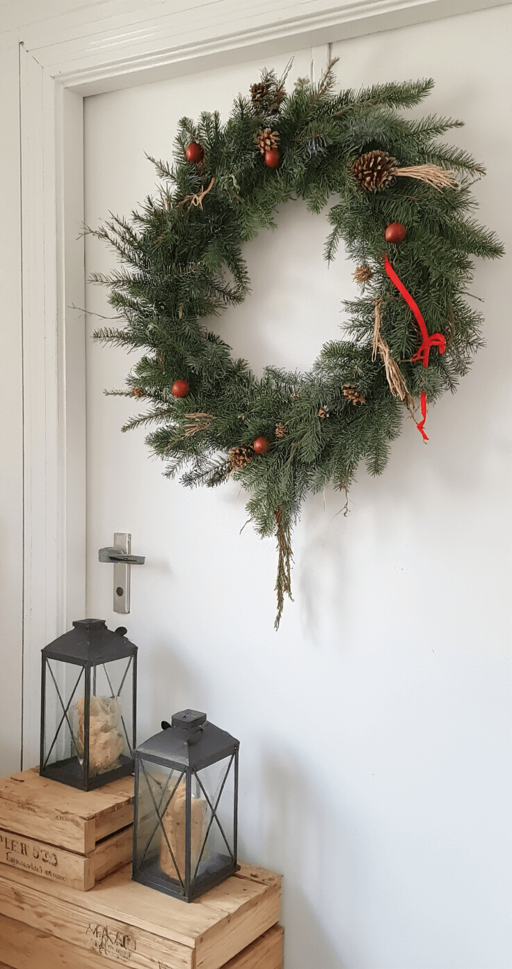 Kerstversiering bij de Voordeur: Jouw Ultieme Pinterest-Waardige Gids voor 2024 Een budget-vriendelijke DIY kerstvoordeur setup met een witte deur versierd met een zelfgemaakte krans van dennentakken, dennenappels en rode linten, oude glazen potten als lantaarns, houten kistjes als verhogingen, tegen een witte bakstenen muur in zacht ochtendlicht.