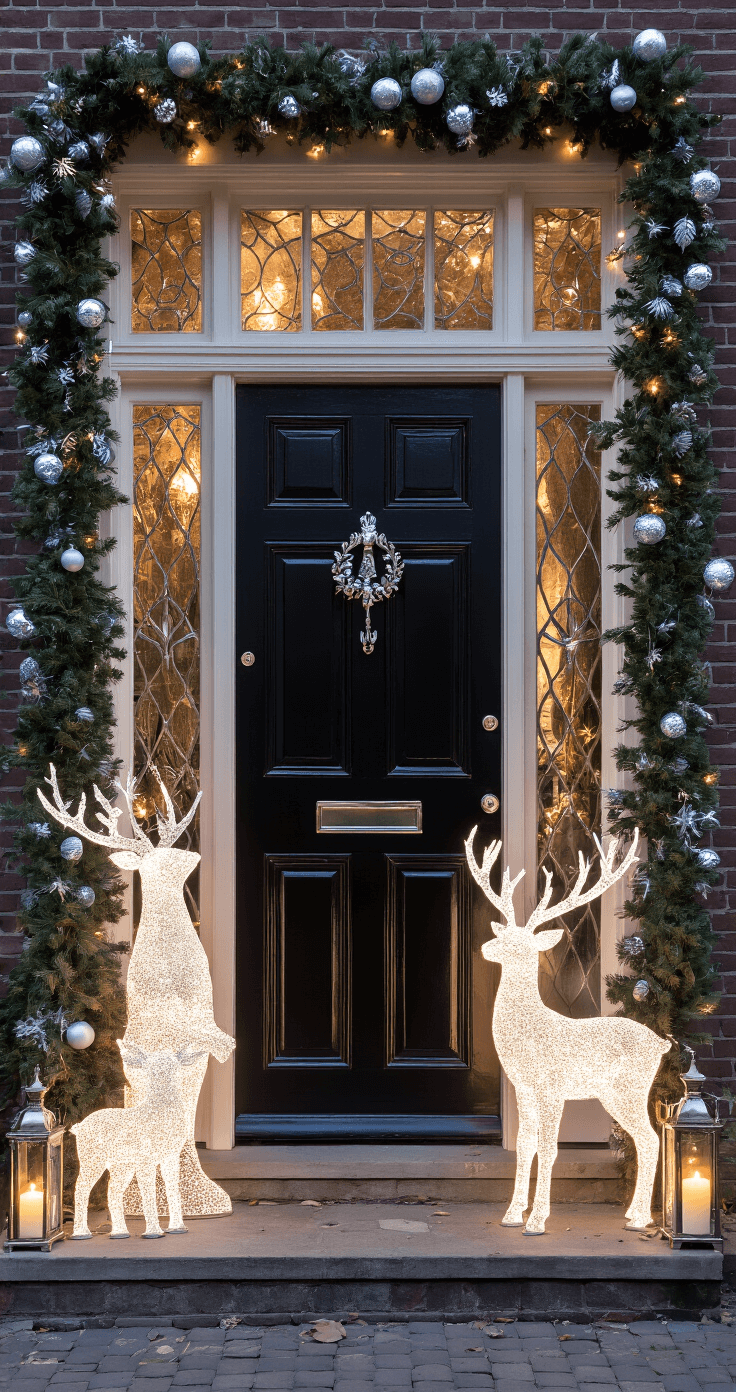 Kerstversiering bij de Voordeur: Jouw Ultieme Pinterest-Waardige Gids voor 2024 Een luxe kerstversiering van een zwarte voordeur met glas-in-lood details, omringd door een groene krans met zilveren accenten en verlichte sneeuwpoppen en herten, gefotografeerd tijdens het blauwe uur met elegante kristallen lantaarns en natuurstenen elementen.