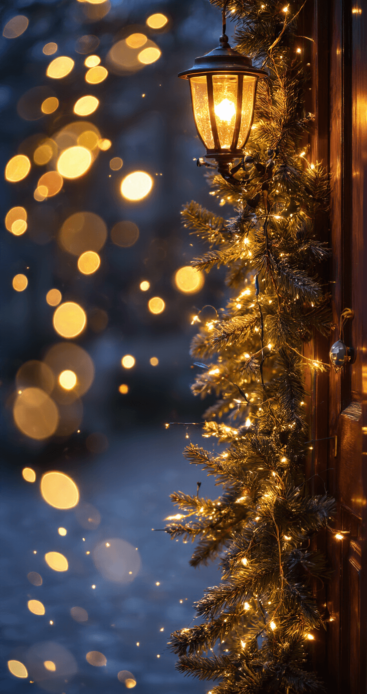 Kerstversiering bij de Voordeur: Jouw Ultieme Pinterest-Waardige Gids voor 2024 Fotografie van kerstverlichting tijdens het gouden uur, met macrofocus op verlichte dennennaalden en dauwdruppels, omgeven door een bokeh van LED-lampjes. Texturen van hout en metaal zijn zichtbaar, met een traditionele deurklopper en brievenbus op de achtergrond.