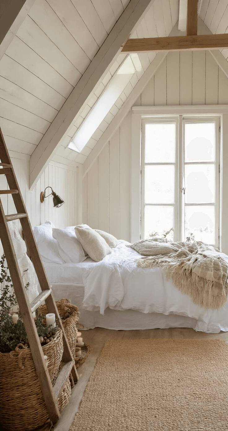 Landelijke Kerstversiering: Creëer een Warme en Rustieke Sfeer Slaapkamer met schuine wanden en houten spanten, ochtendlicht door dakramen, bed met Frans linnen in warm wit en handgebreide plaids, oude ladder als nachtkastje, vintage lantaarns en eucalyptustakken, rieten mand met dennenappels en kaarsen, sereen overzicht vanaf deuropening.