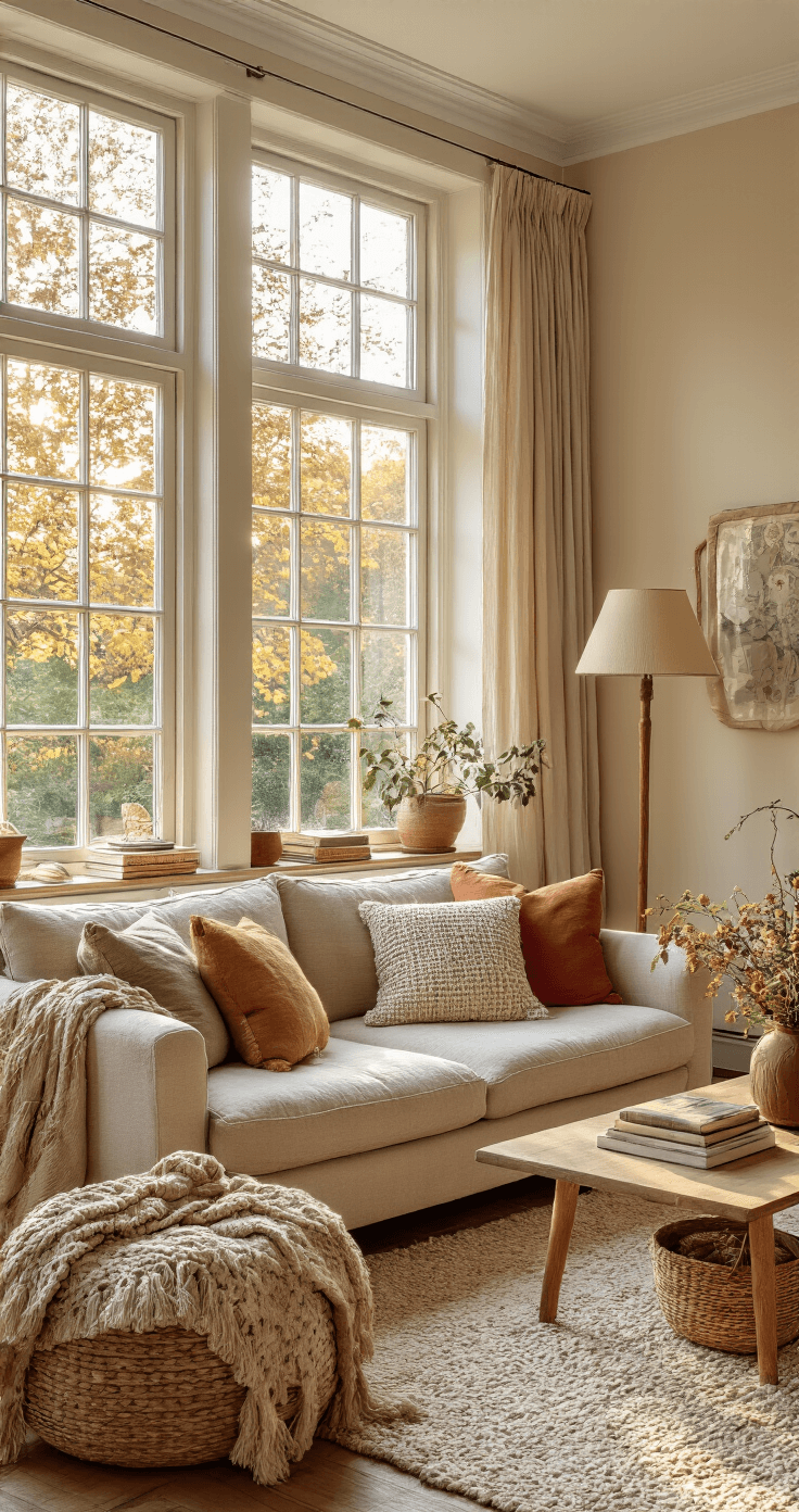 Kerstboom Haken: Jouw Ultieme DIY Gids voor Sfeervolle Winterdecoratie Gezellige Nederlandse woonkamer tijdens het gouden uur met warme avondzon, comfortabele beige bank en lichte eikenhouten salontafel. Mandjes met kleurrijke bollen wol, vintage leeslamp en cremewit Perzisch tapijt creƫren een sfeervolle, creatieve ambiance.