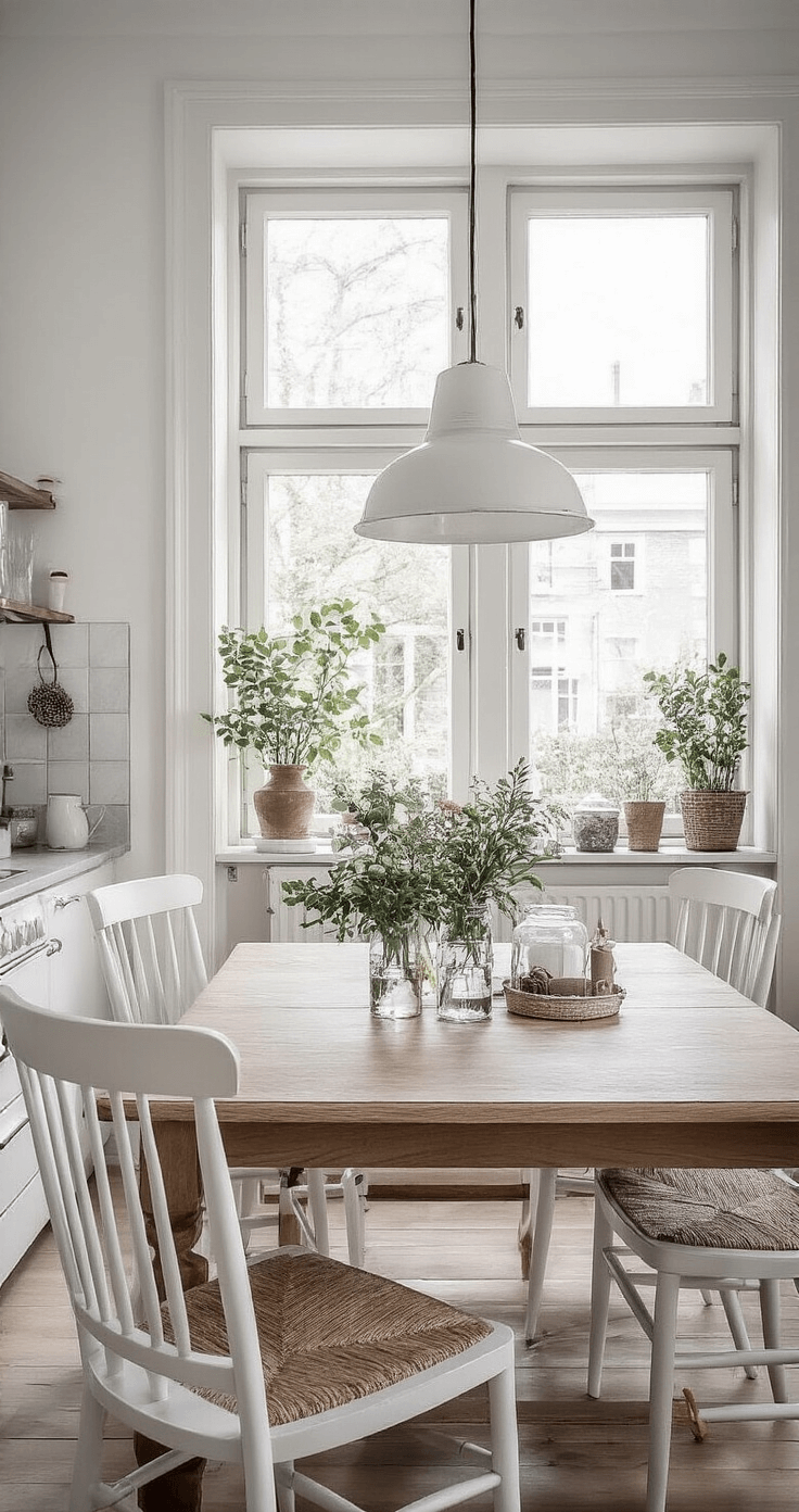 Kerstboom Haken: Jouw Ultieme DIY Gids voor Sfeervolle Winterdecoratie Stijlvolle eethoek met Scandinavische invloeden, massief eiken tafel vol haakbenodigdheden, omringd door witte Windsor stoelen, met ochtendlicht door een panoramavenster en een keuken op de achtergrond met marmeren werkblad.