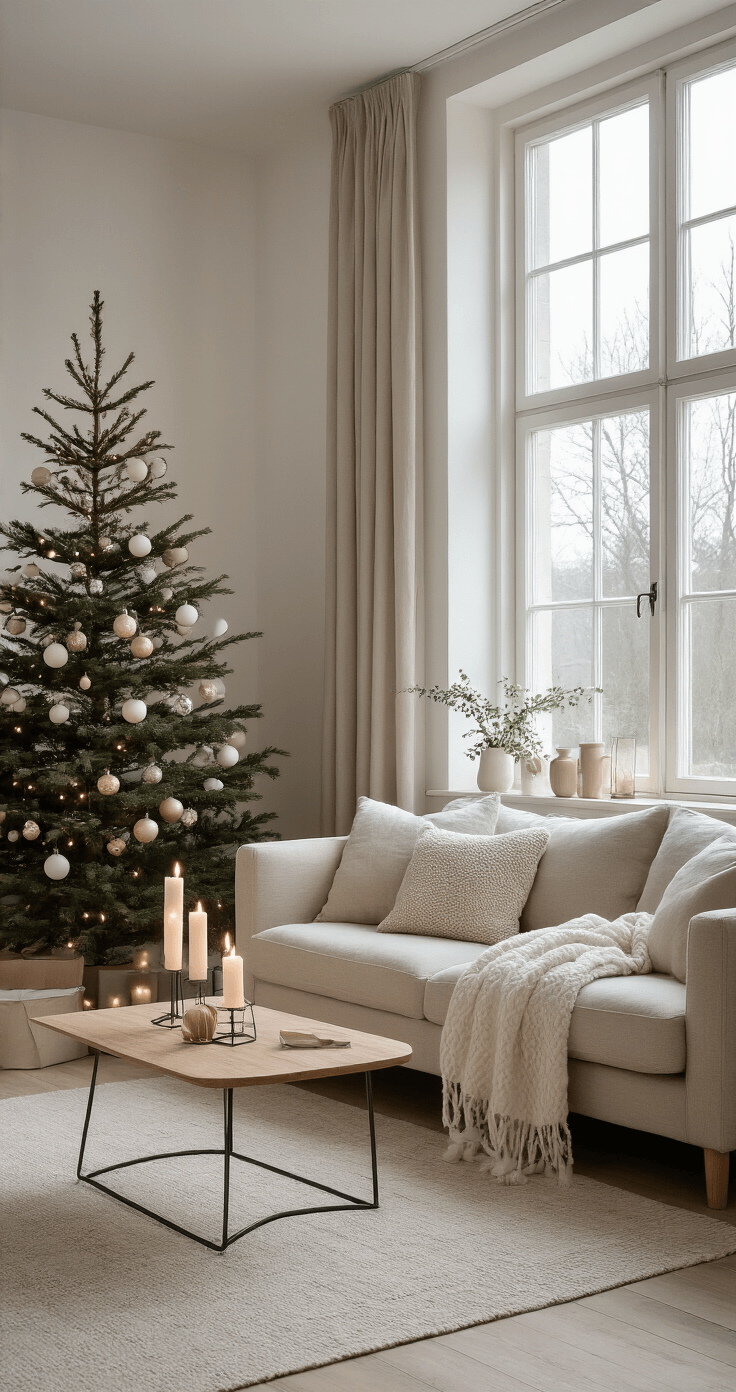 Moderne Kerst Decoratie: Je Interieur Transformeren met Minimalistische Elegantie Ruime woonkamer met hoge ramen, gevuld met zacht winterochtendlicht. Centraal een slanke kunstkerstboom met matte witte en champagnekleurige ballen, omringd door een Scandinavisch design bank in beige linnen en een houten salontafel met geometrische LED-kaarsen. Een natuurlijk wollen vloerkleed in lichtgrijs completeert de serene en luchtige sfeer.