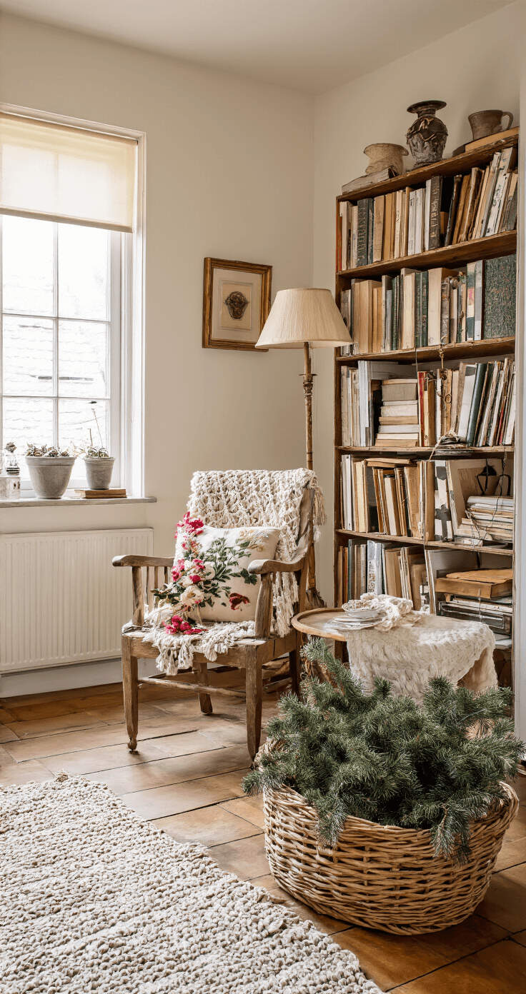 Kerstboom Haken: Jouw Ultieme DIY Gids voor Sfeervolle Winterdecoratie Intieme slaapkamerhoek met leeshoek, warme lichtstralen van de namiddagzon, antieke stoel met bloemenkussens, bijzettafeltje, half afgewerkte gehaakte kerstboom in rieten mand, boekenkast vol haakboeken, vintage lamp, houten parketvloer met aardetinten kleed, zachte olijfgroene muren, romantische sfeer, lage camerahoek met diepe schaduwen.