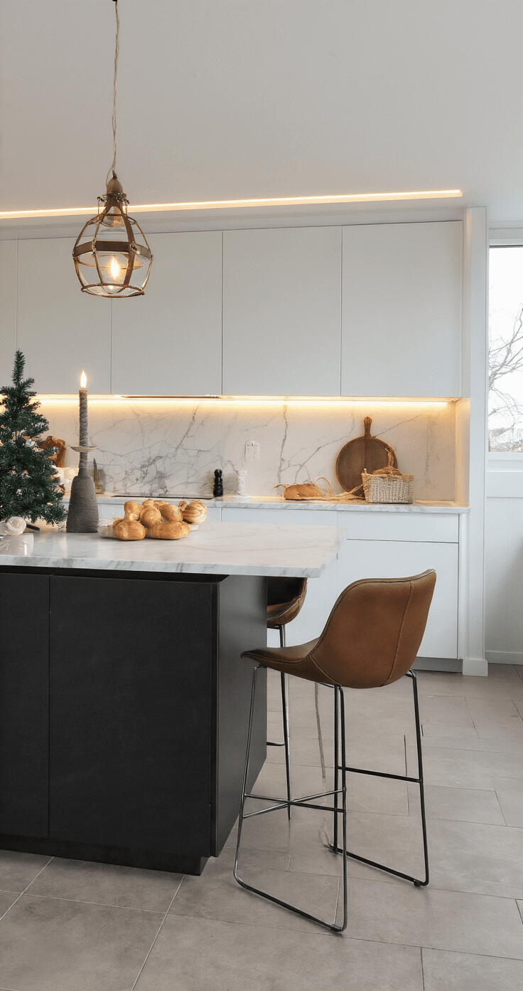 Kerstboom Haken: Jouw Ultieme DIY Gids voor Sfeervolle Winterdecoratie Modern keuken met groot eiland, verlicht door LED en natuurlijk licht. Carrara marmeren werkblad toont haakproces met garenkleuren in RVS kommen. Hoogglans witte kasten met zwarte accenten, moderne krukken met lederen zitting. Professionele productfotografie-stijl.