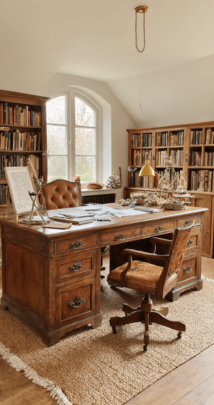 Kerstboom Haken: Jouw Ultieme DIY Gids voor Sfeervolle Winterdecoratie Authentieke Nederlandse studeerkamer met klassieke inrichting, donker eiken bureau vol creatieve materialen, antieke bibliotheekkasten tot plafond en gehaakte kerstbomen in verschillende stadia, warm verlicht door een gouden bureaulamp.
