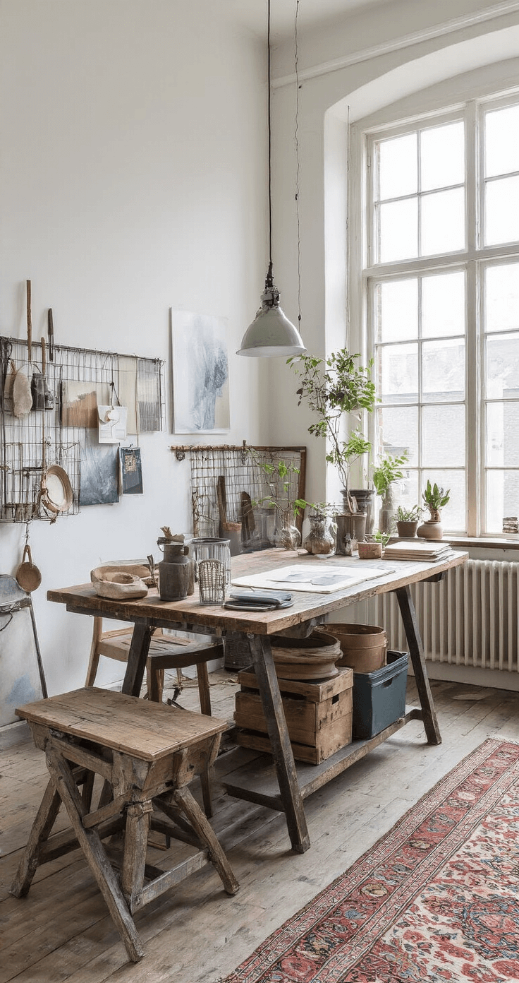 Kerstboom Haken: Jouw Ultieme DIY Gids voor Sfeervolle Winterdecoratie Artistieke werkplaats met noordelijk licht, grote houten werktafel en haakrealisaties in diverse kleuren. Industriƫle krukken, betonnen vloer en vintage Perzisch tapijt. Witte muren met inspiratiefoto's en opbergsysteem met garen. Overzichtsfoto met heldere lichtinval en creatief gevoel.