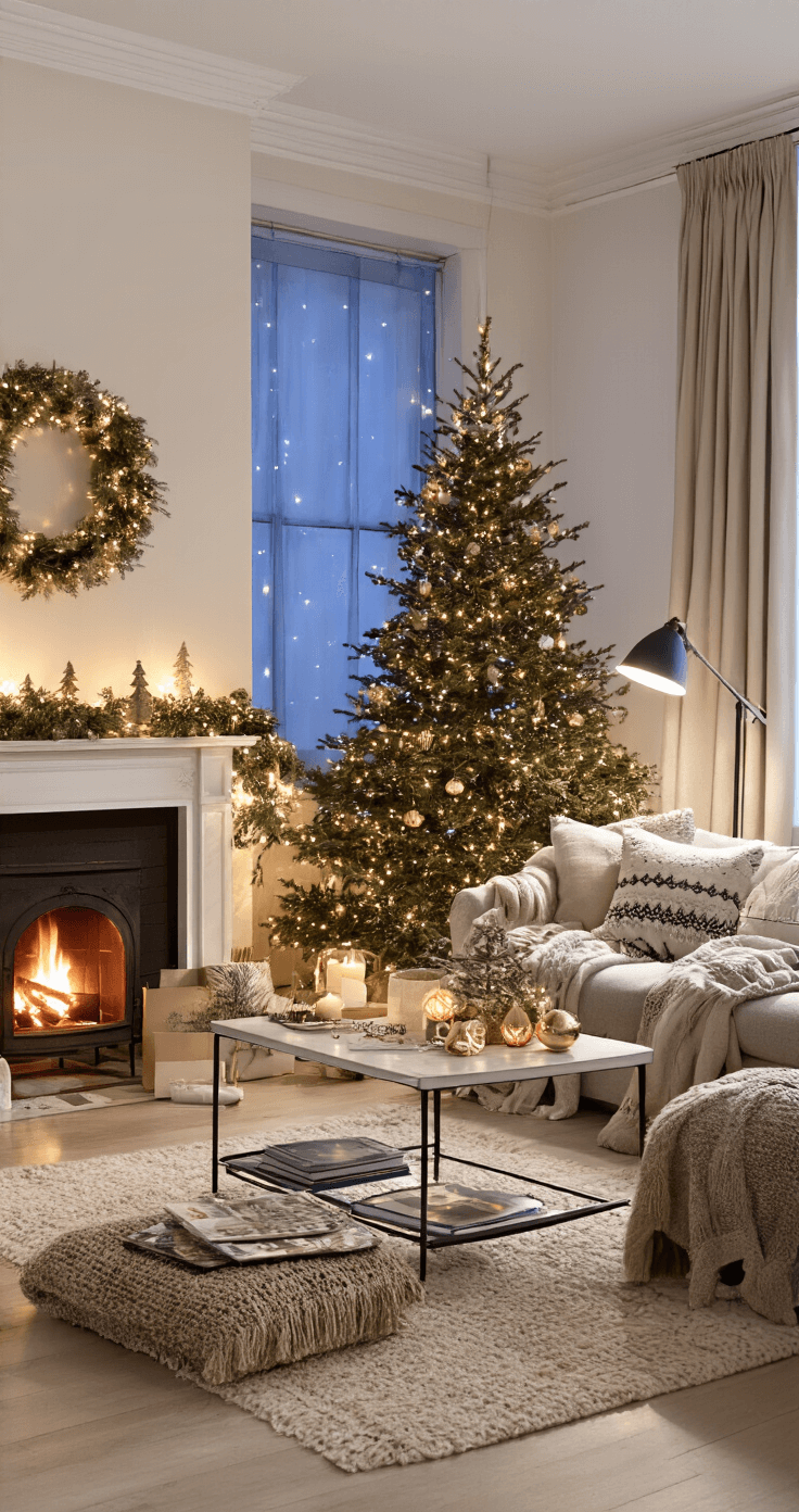 Kerstboom Haken: Jouw Ultieme DIY Gids voor Sfeervolle Winterdecoratie Sfeervolle huiskamer tijdens het blauwe uur met kerstverlichting, een grote familie-zithoek, gehaakte kerstbomen op verschillende plekken en warme lampverlichting die een intieme sfeer creƫert.