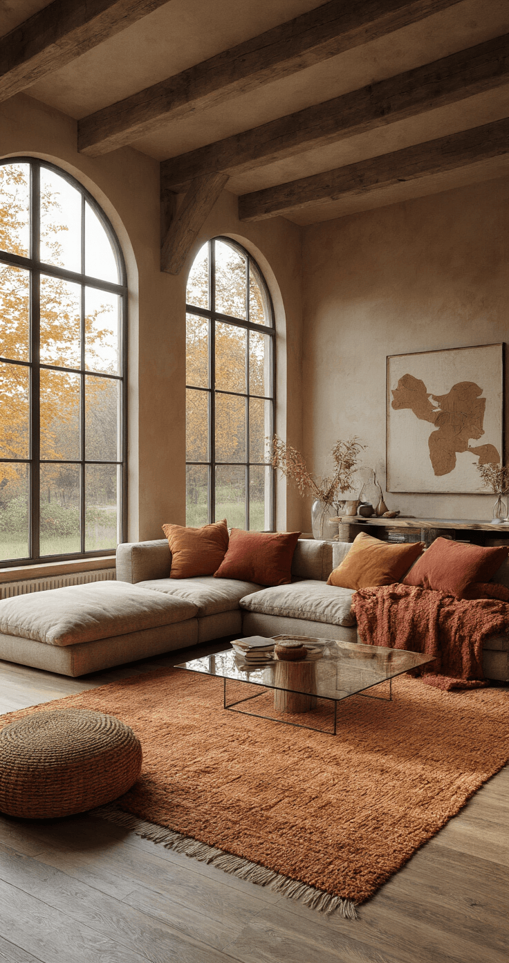 De Ultieme Gids voor Sfeervolle Herfstdecoratie in je Woonkamer Fotorealistische opname van een stijlvolle woonkamer met een moderne bank, diverse texturen in kussens, en een groot wollen vloerkleed, verlicht door warm namiddaglicht dat door hoge ramen valt.