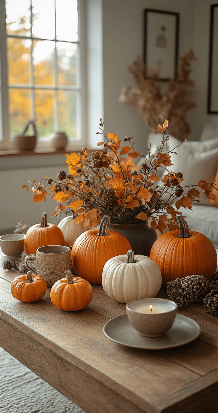 De Ultieme Gids voor Sfeervolle Herfstdecoratie in je Woonkamer Close-up van een houten salontafel in warme ochtendlicht, gestyled met pompoenen in oranje en crème tinten, dennenappels, gedroogde bladeren en takjes. Mat zwarte lantaarns met LED verlichting en kaarsen in glazen houders creëren een sfeervolle herfstachtige compositie.