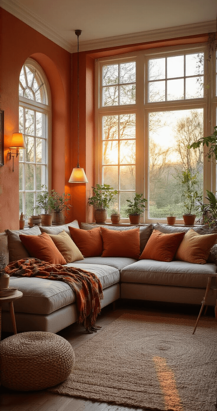 De Ultieme Gids voor Sfeervolle Herfstdecoratie in je Woonkamer Panorama van een woonkamer tijdens het gouden uur, met een L-vormige bank, zachte plaid in mosgroen, en kussens in bordeaux, oranje en bruin. Warm licht van verschillende lampen en terracotta muren creëren een luxe, sfeervolle herfstambiance.