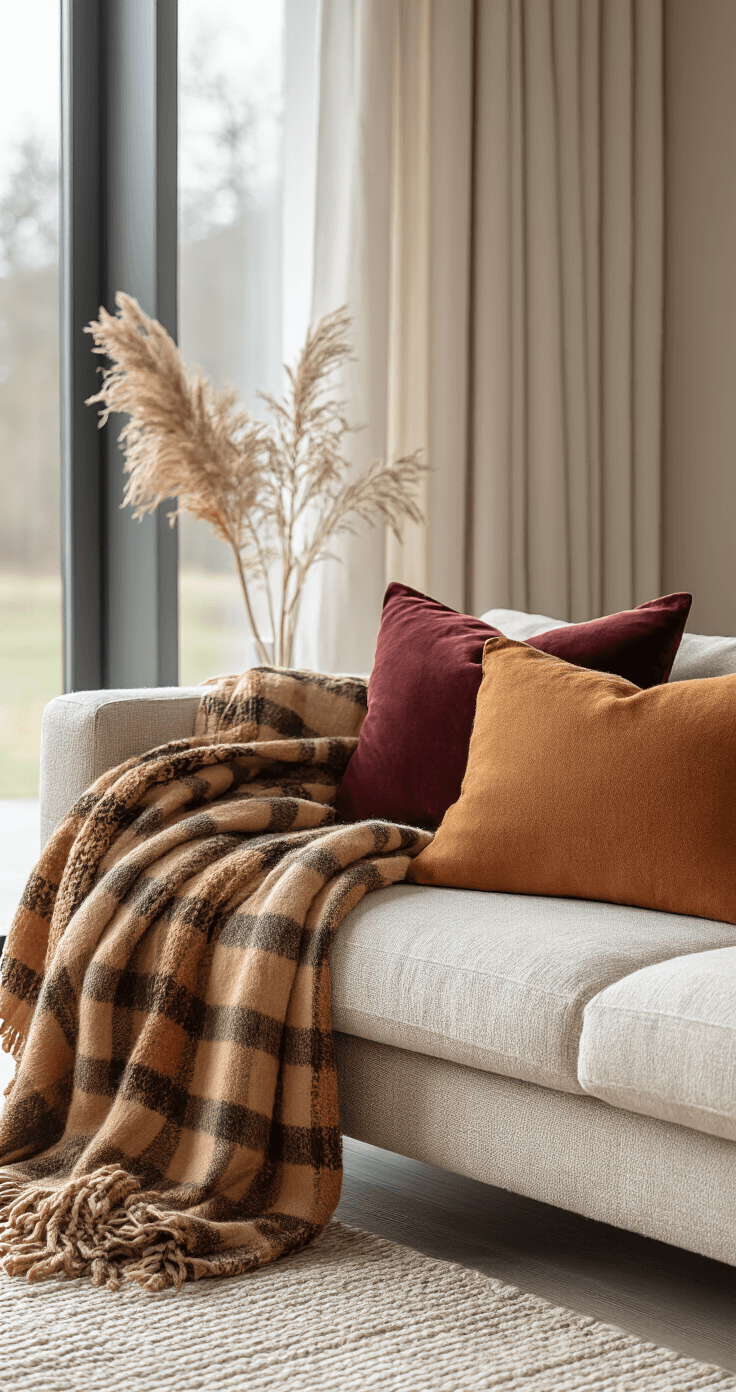 De Ultieme Gids voor Sfeervolle Herfstdecoratie in je Woonkamer Gedetailleerd close-up van een moderne bank met zachte kasjmier plaid in camel, fluwelen kussen in bordeaux, gebreide wolthrow en linnen kussensloop in matte oranje tint, allemaal in natuurlijk daglicht.