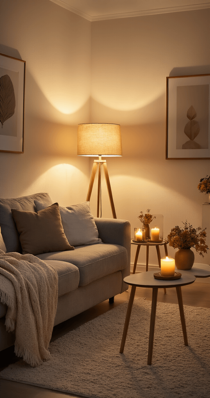 De Ultieme Gids voor Sfeervolle Herfstdecoratie in je Woonkamer Sfeervolle woonkamer met warme verlichting en herfstdecoratie, gefotografeerd vanuit lage hoek met lange sluitertijd, zachte schaduwen en een gezellige ambiance.