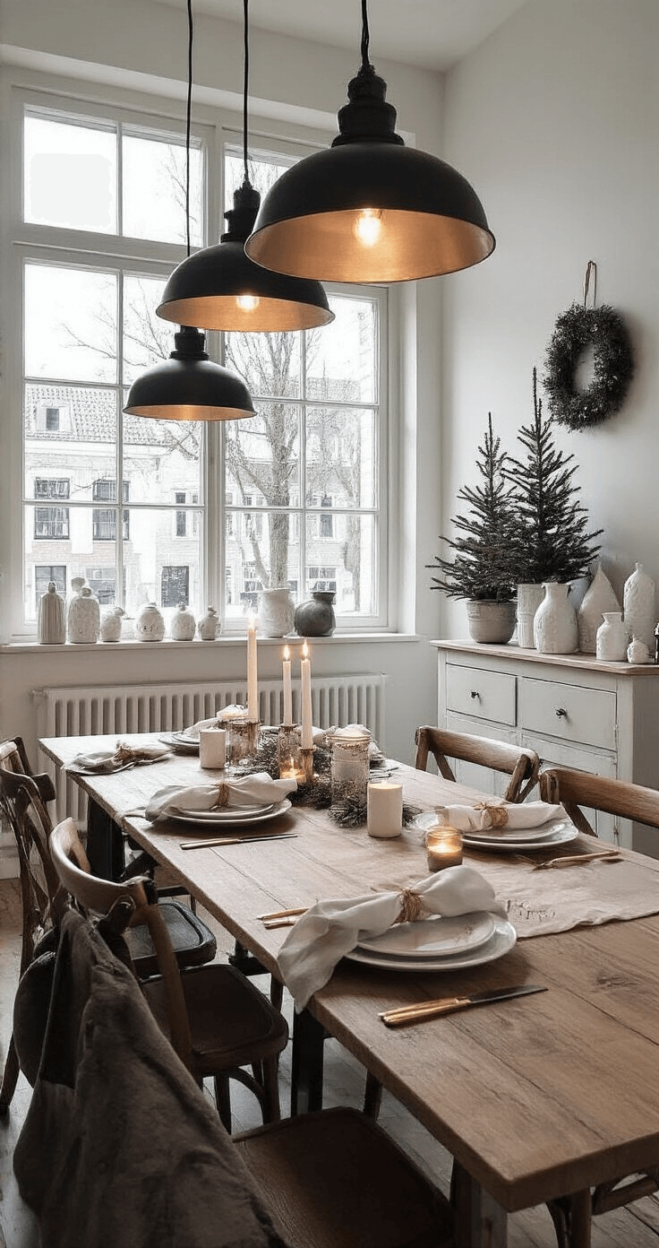 Moderne Kerst Decoratie: Je Interieur Transformeren met Minimalistische Elegantie Moderne eetkamer met industriële details, avondscène met dimbare hanglampen boven een lange eiken tafel, gedekt in wit/goud thema met linnen servetten en kerstballen, zwarte stalen raamkozijnen en minimale kerstdecoratie op dressoir.