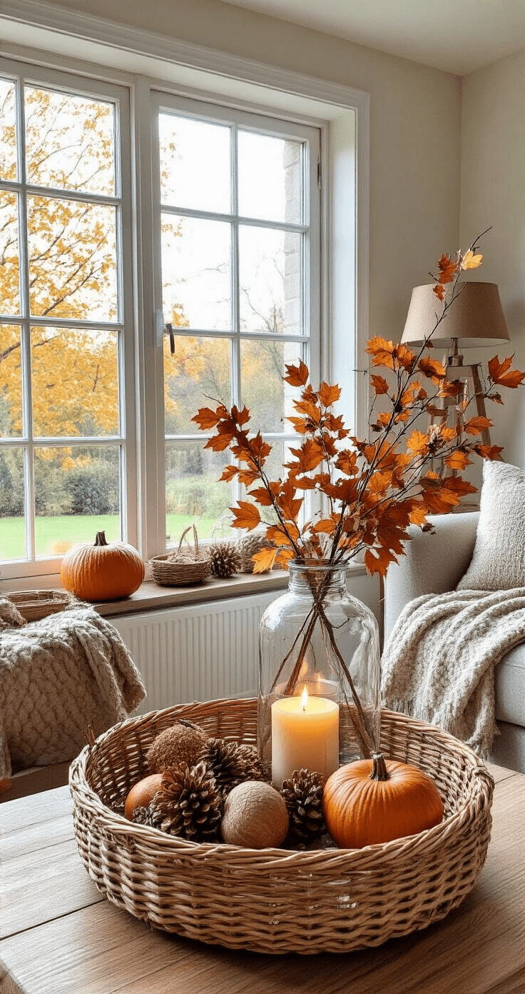De Ultieme Gids voor Sfeervolle Herfstdecoratie in je Woonkamer Budgetvriendelijke herfst styling met DIY decoratie op een houten bijzettafel, inclusief zelfgemaakte herfststukken, dennenappels in een rieten mandje, en gedroogde bladeren in glazen vazen. Verlichting in helder ochtendlicht via een groot raam, warme kleuraccenten van kussens en kaarsen, met een rustieke charme.