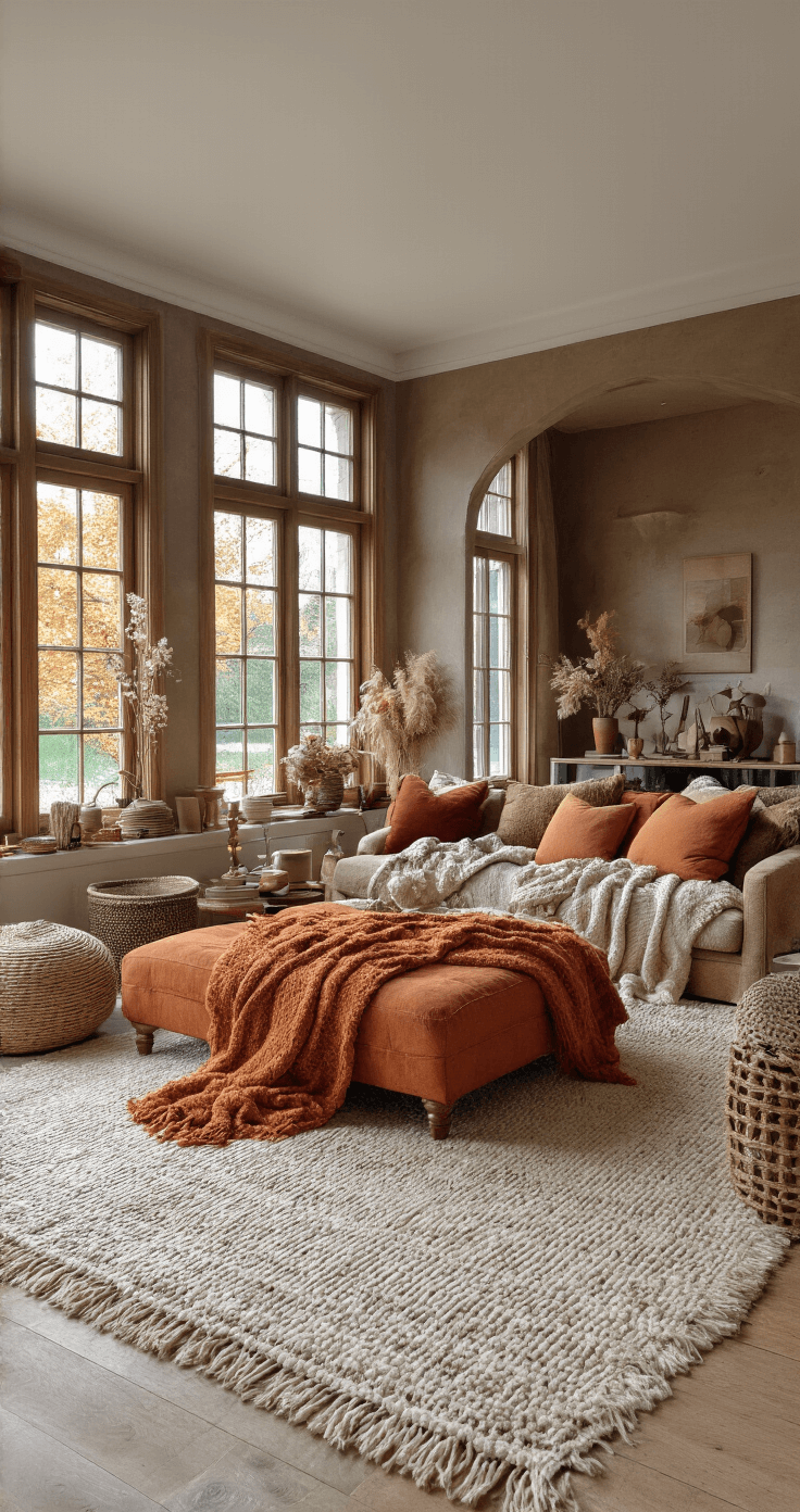 De Ultieme Gids voor Sfeervolle Herfstdecoratie in je Woonkamer Magazine-waardige woonkamer met herfst elementen in warme kleuren, perfect gestyled voor social media met gelaagde texturen, natuurlijke decoratie en luxe uitstraling.