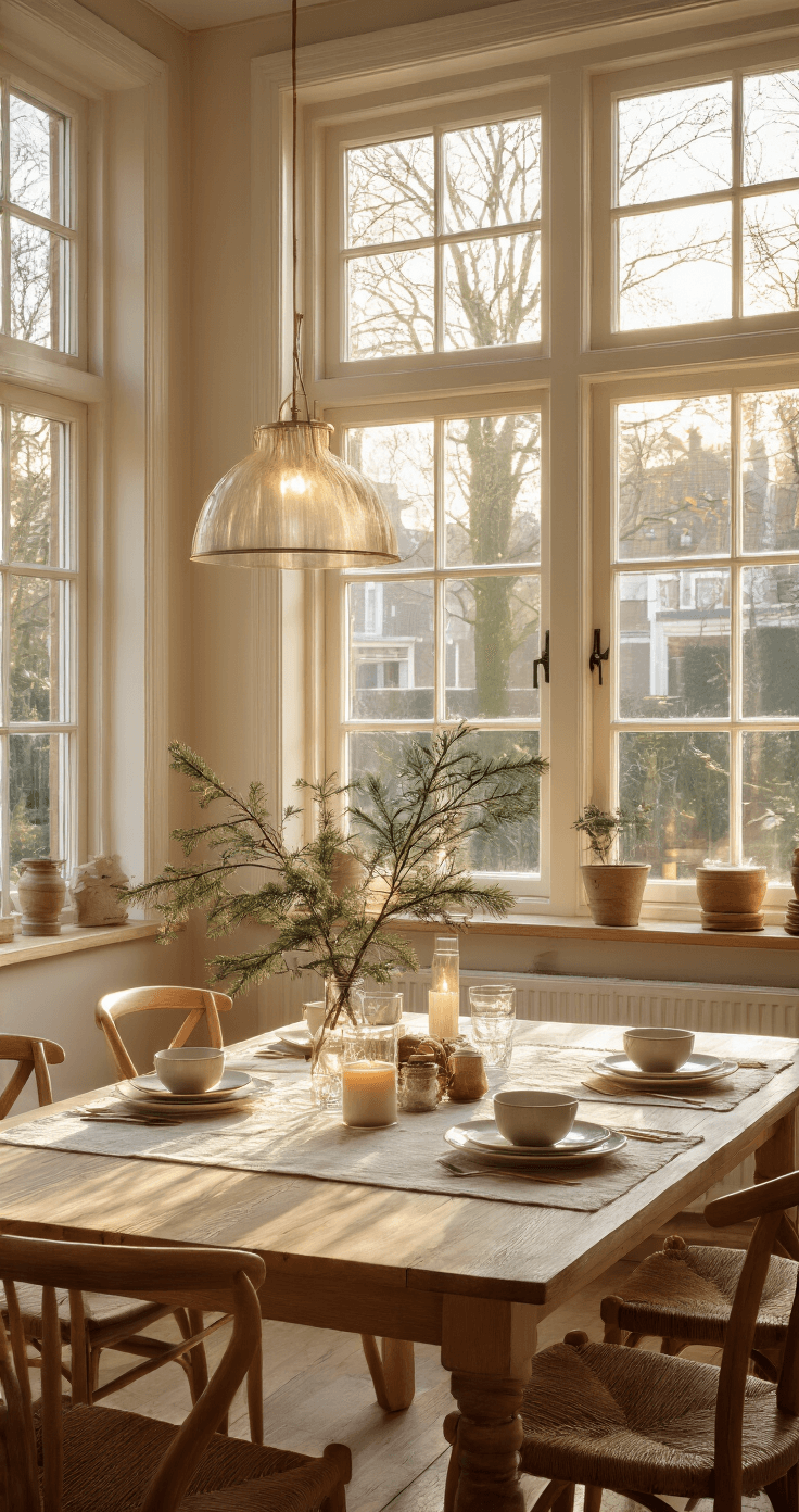 Kersttafel Decoratie: Creëer Magische Momenten met deze Stijlvolle Tips Warm interieur van een Nederlandse eetkamer met een eiken tafel en LED-lichtsnoeren, sfeervol verlicht door kaarsen en natuurlijk licht uit grote ramen, met subtiele schaduwen op een crème linnen tafelkleed.