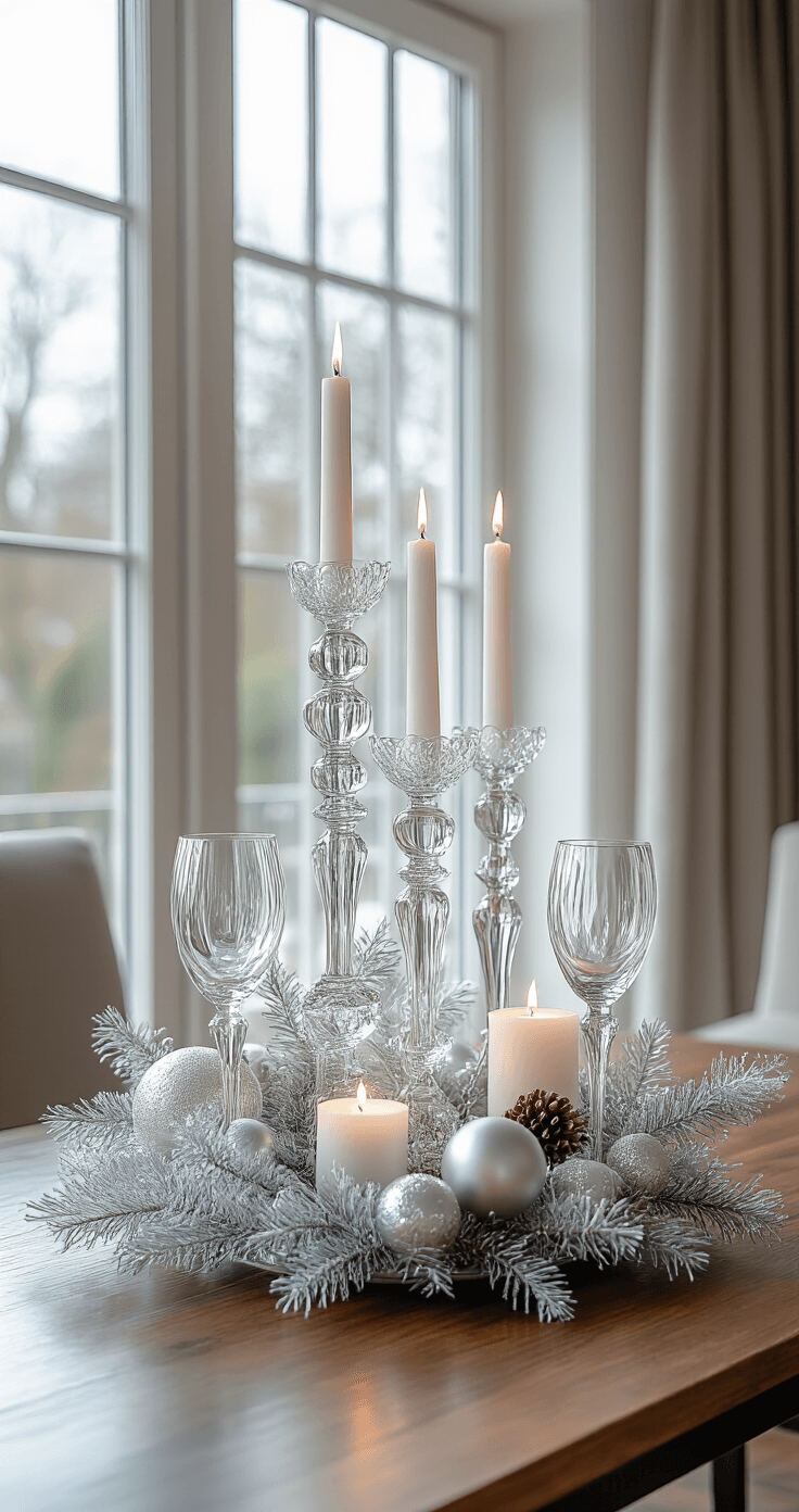 Kersttafel Decoratie: Creëer Magische Momenten met deze Stijlvolle Tips Elegante glazen stolp met kristallen en zilveren decoraties op een donkere houten tafel in een moderne Nederlandse woonkamer, gefotografeerd van bovenaf met macro lens, onder een winterse verlichting door grote vensters.