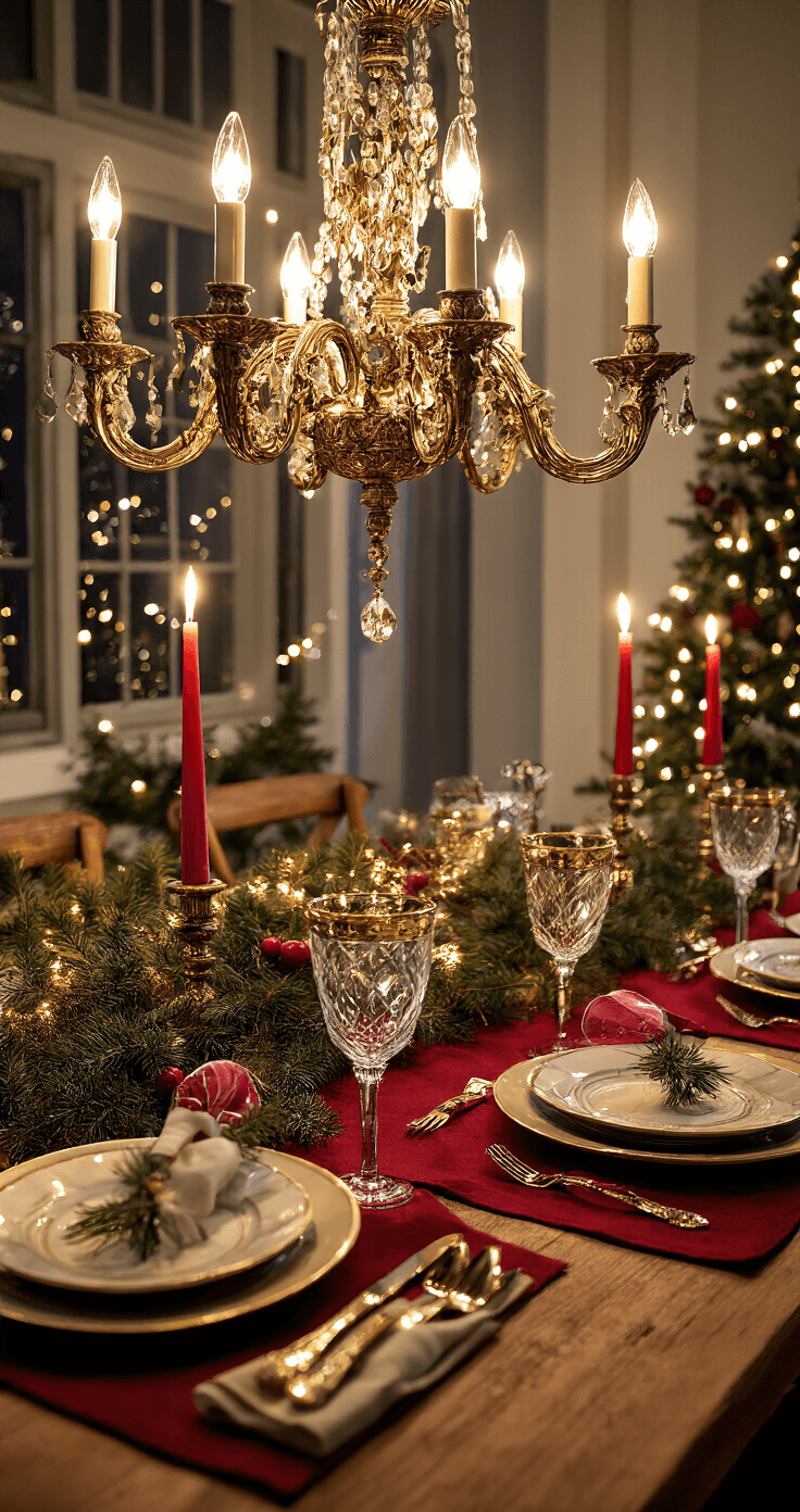 Kersttafel Decoratie: Creëer Magische Momenten met deze Stijlvolle Tips Traditionele Nederlandse kersttafel in klassiek chic stijl met dieprood tafelkleed, gouden kaarsenhouders en verse dennentakken, verlicht door een antieke kroonluchter.