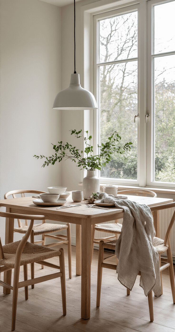 Kersttafel Decoratie: Creëer Magische Momenten met deze Stijlvolle Tips Minimalistisch ingerichte Scandinavische eetkamer met lichte eiken tafel, groene takken en witte keramiek, badend in natuurlijk ochtendlicht.