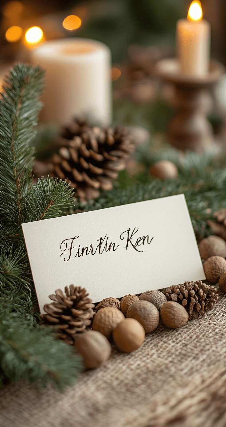Kersttafel Decoratie: Creëer Magische Momenten met deze Stijlvolle Tips Close-up van DIY kersttafel decoratie met handgeschreven naamkaartjes tussen dennentakken, verzamelde dennenappels op een rustiek houten plateau, onder warme huiskamerverlichting en zachte focus, met natuurlijke bruine en groene kleuren.
