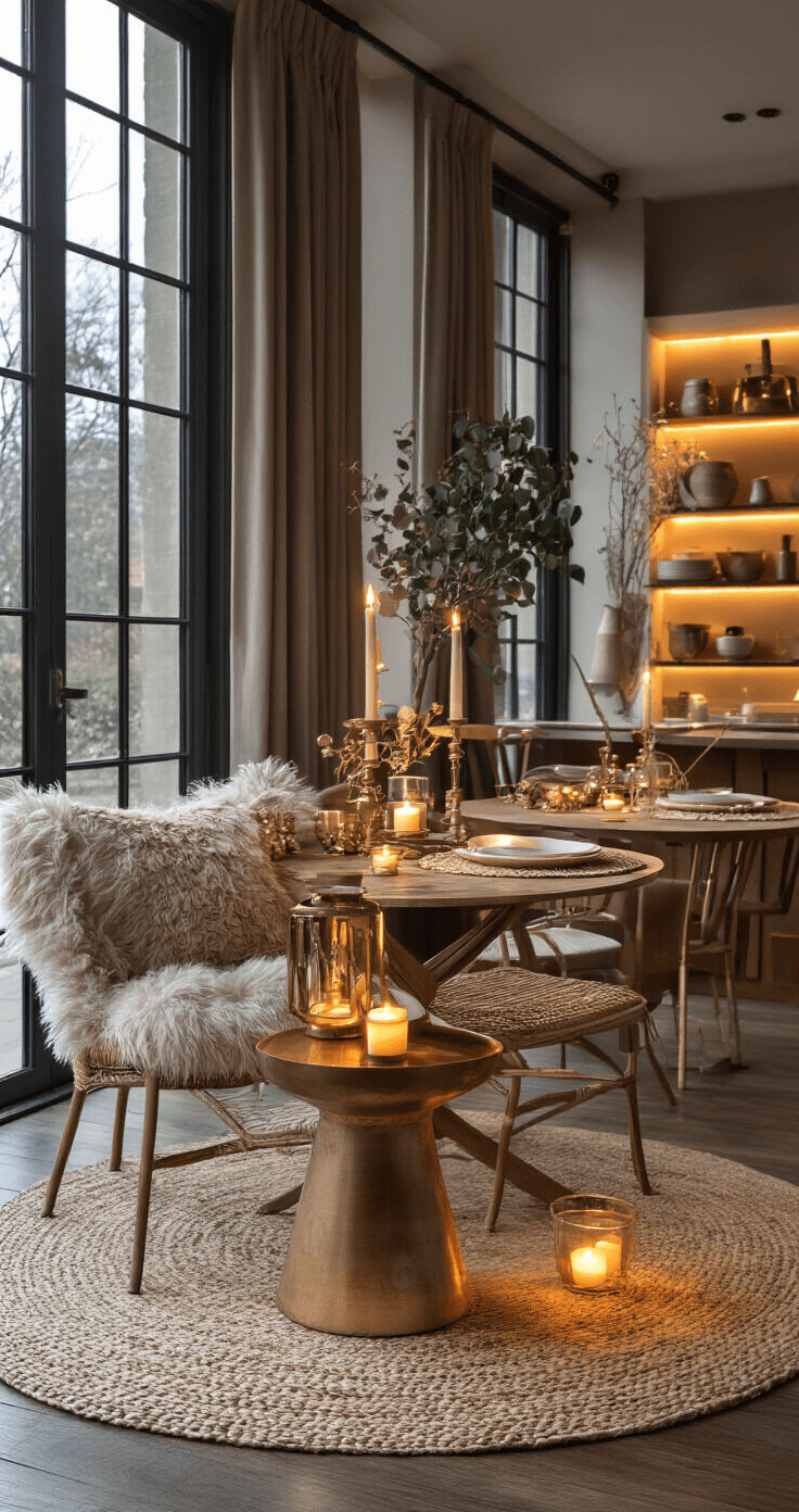 Kersttafel Decoratie: Creëer Magische Momenten met deze Stijlvolle Tips Avondfoto van een Nederlandse eetkamer met slimme decoratie en indirecte verlichting. Etagères en plateaus creëren variatie in hoogte, terwijl warme LED-kaarsen zorgen voor een sfeervolle ambiance. Gouden en amberkleurige lichtbronnen weerkaatsen op glazen oppervlakken, in een professioneel gestylde ruimte met een goede balans tussen decoratie en functionaliteit.