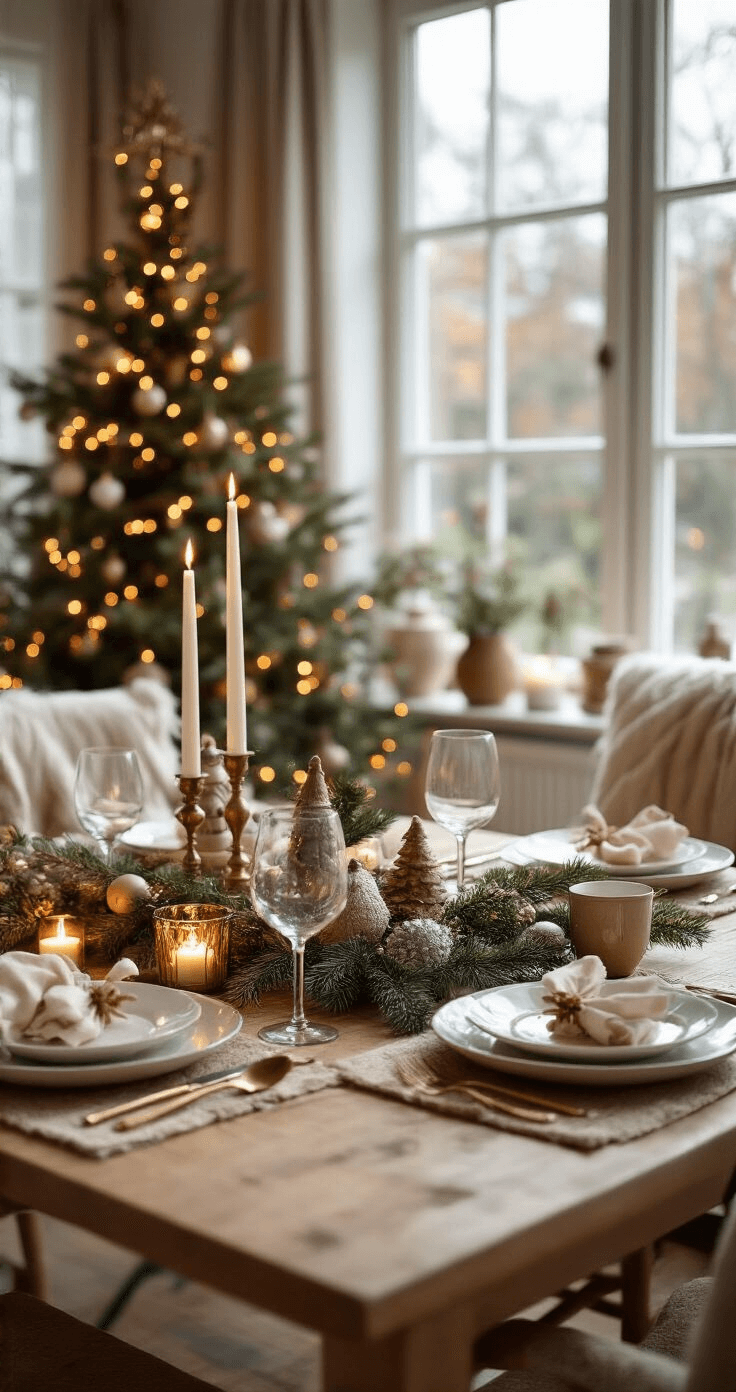 Kersttafel Decoratie: Creëer Magische Momenten met deze Stijlvolle Tips Persoonlijke kersttafel met unieke elementen en familiefoto's, verlicht door gouden uur licht vanuit Nederlandse vensters, warme aardetinten en een uitnodigende atmosfeer.