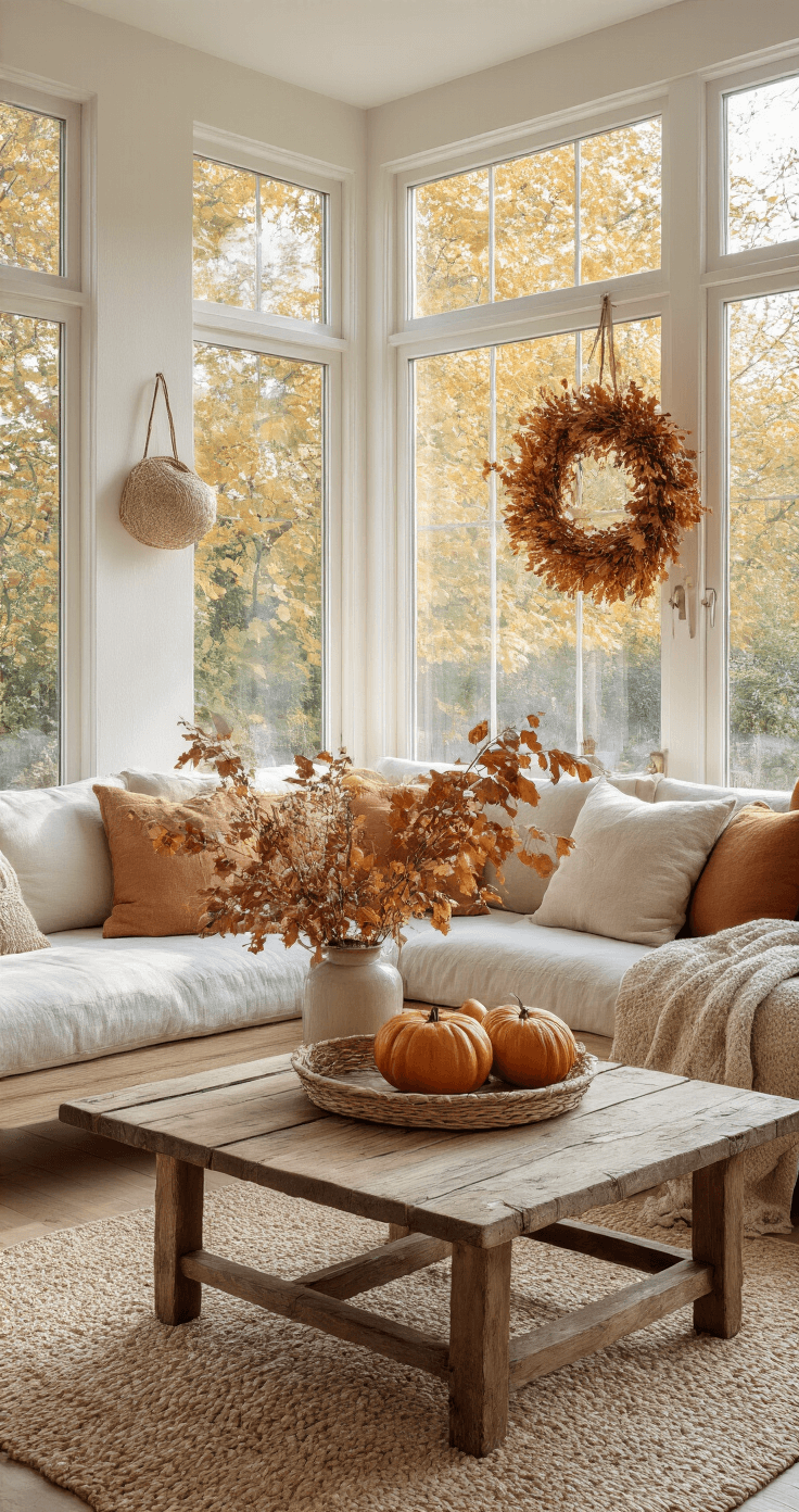Herfst Knutselen voor Volwassenen: Creëer je Eigen Seizoenssfeer Warme woonkamer met grote ramen en zachte herfstzon. Rieten herfstkrans aan cremewitte muur, omringd door oker- en terracotatent bladeren. Rustieke houten salontafel met handgemaakte herfstdecoraties, waaronder gepimpte pompoenen en glazen potjes. Zachte wollen plaid in warme bruintinten op leren fauteuil, alles in warme, uitnodigende sfeer.