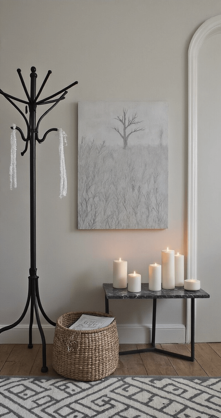 Moderne Kerst Decoratie: Je Interieur Transformeren met Minimalistische Elegantie Compacte hal met trap, sfeervol verlicht door melkglas deurpaneel. Vintage zwarte kapstok met dennentakken en witte linten. Minimalistisch grijs schilderij aan de muur. Marmeren sidetable met witte LED-kaarsen. Houten vloer met grijs/wit geometrisch vloerkleed.