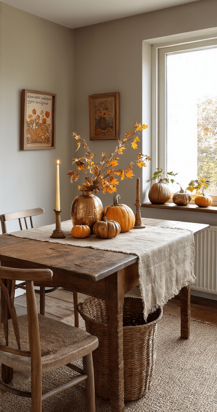 Herfst Knutselen voor Volwassenen: Creëer je Eigen Seizoenssfeer Gezellige eetkamer met handgemaakte herfstdecoraties, donkerhouten tafel met juteplacemat en metallic geschilderde pompoenen, rieten manden met gedroogde bladeren op vintage dressoir, warme kaarslicht, textuurrijke linnen tafelloper in natuurtinten, herfstthema fotolijsten aan de muur, zachte middagzon door gordijnen.