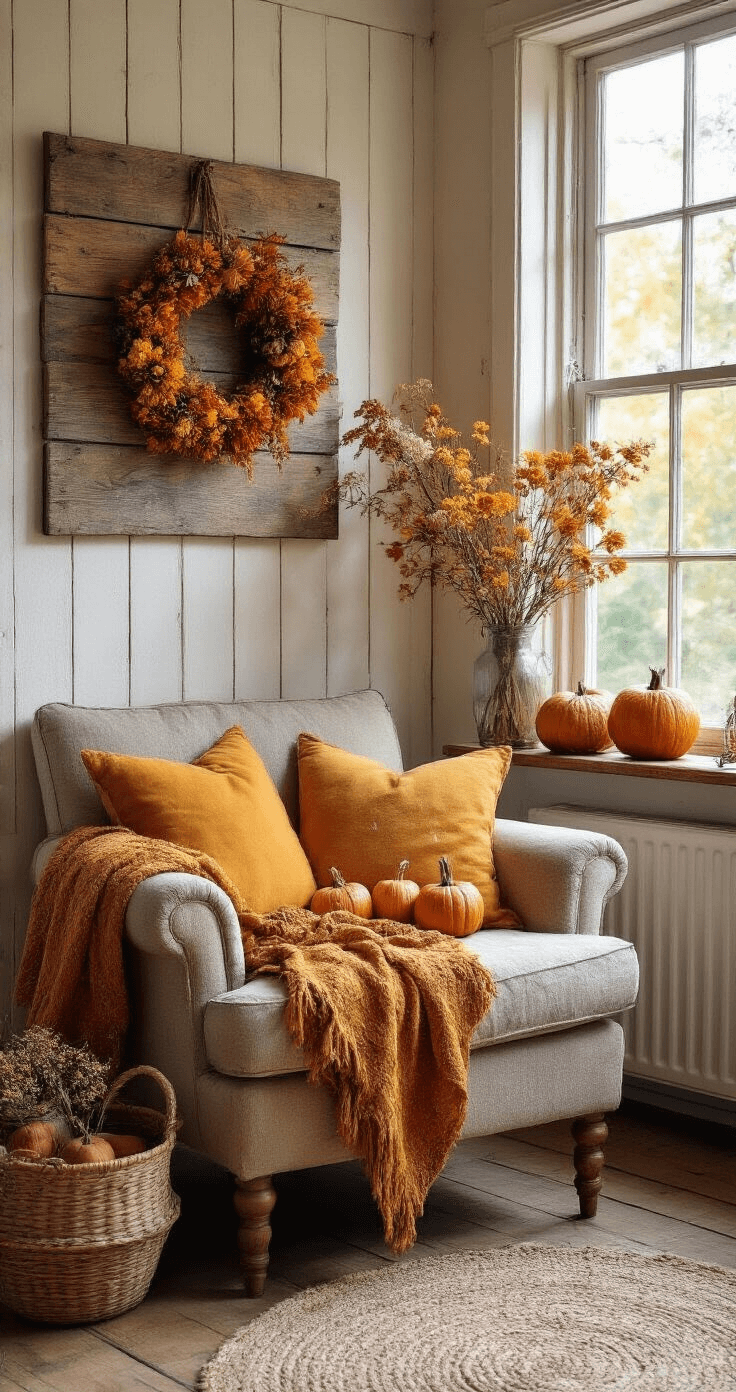 Herfst Knutselen voor Volwassenen: Creëer je Eigen Seizoenssfeer Knusse leeshoek met DIY herfstprojecten, vintage houten wandplank met zelfgemaakte decoraties, zachte okergele fauteuil bij het raam met natuurlijk daglicht, wollen deken met herfstmotief, rustieke houten vloer en jute vloerkleed, warme bruintinten en goudkleurige accenten.