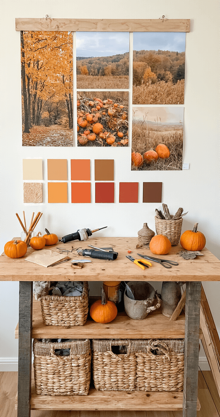 Herfst Knutselen voor Volwassenen: Creëer je Eigen Seizoenssfeer Creatieve herfst DIY werkruimte met houten tafel vol gereedschap en natuurlijke materialen, warme verlichting en inspiratiebord.