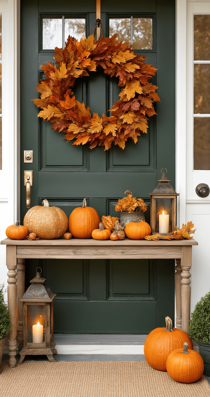 Herfst Knutselen voor Volwassenen: Creëer je Eigen Seizoenssfeer Elegante entree met herfstdecoraties, waaronder een imposante krans van gedroogde bladeren aan een donkergroene deur, symmetrische pompoenarrangementen op een houten console tafel, vintage lantaarns en een jute loper, verlicht door de warme ochtendzon die door een glas-in-lood raam valt.