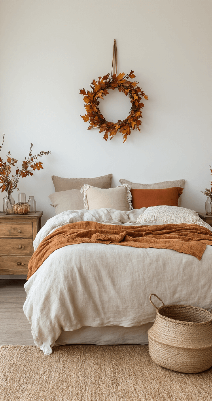Herfst Knutselen voor Volwassenen: Creëer je Eigen Seizoenssfeer Romantische slaapkamer met herfstdecoraties, houten nachtkastje met fotolijsten, zachte kussens in aardetinten, handgemaakte herfstkrans, vintage vazen met gedroogde bladeren, en zacht daglicht door sheer gordijnen.