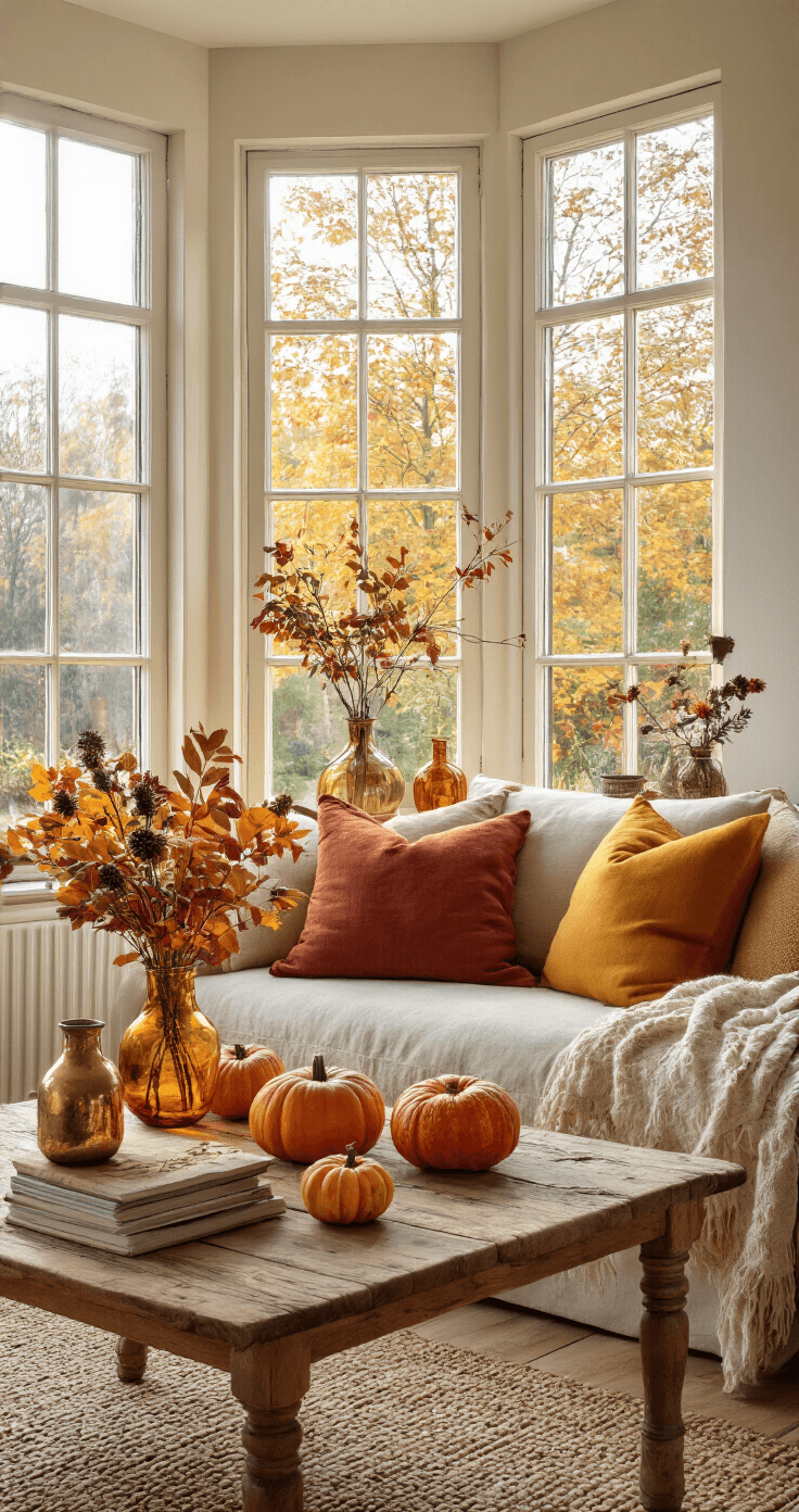 Zelf Herfstdecoraties Maken: Een Praktische Gids voor Warme en Gezellige Sferen Gezellige Nederlandse woonkamer in warme herfstsfeer met natuurlijke ochtendlicht, rustieke eiken salontafel versierd met pompoenen en herfstdecoraties, zachte crème bank met kleurrijke kussens, en natuurlijke materialen verspreid over houten onderzetter.