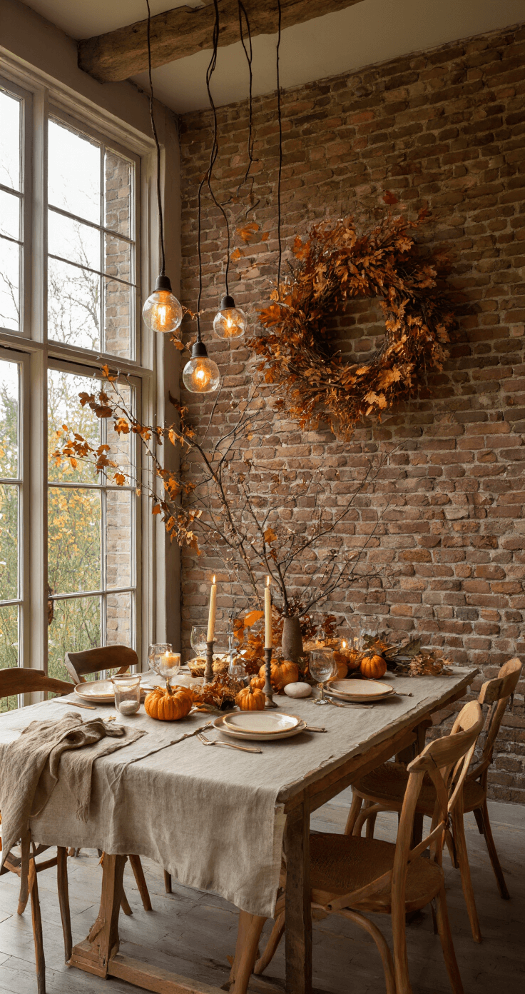 Zelf Herfstdecoraties Maken: Een Praktische Gids voor Warme en Gezellige Sferen Sfeervolle eetkamer met een handgemaakte herfstkrans op een rustieke bakstenen muur, lange houten eettafel gedekt met linnen tafelkleed en verschillende kaarsen in glazen houders, versierd met takken, gedroogde bladeren en pompoenen, warme verlichting zorgt voor een intieme sfeer.