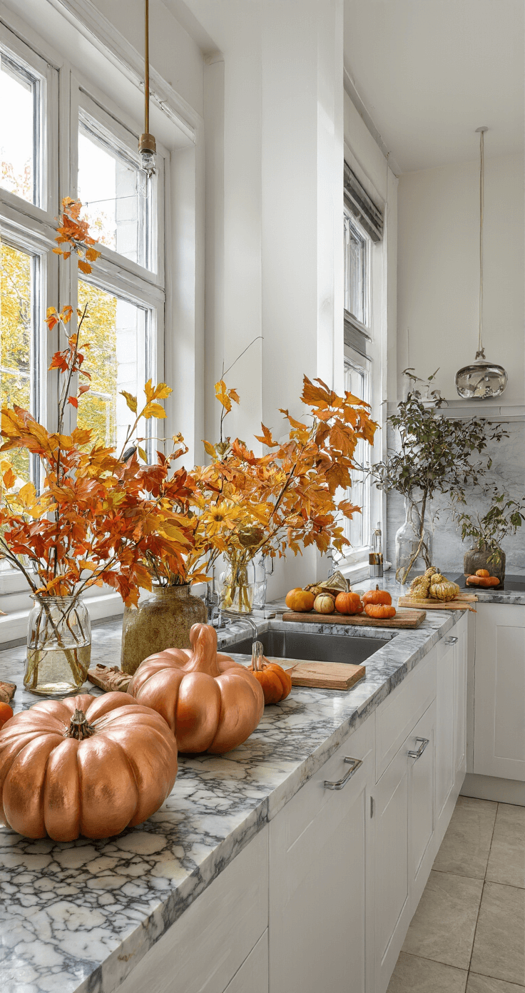 Zelf Herfstdecoraties Maken: Een Praktische Gids voor Warme en Gezellige Sferen Moderne keuken met marmeren aanrecht, herfstdecoraties van metallic pompoenen en kleurrijke herfstbladeren in glazen vazen, verlicht door natuurlijk daglicht vanuit een noordelijk raam.
