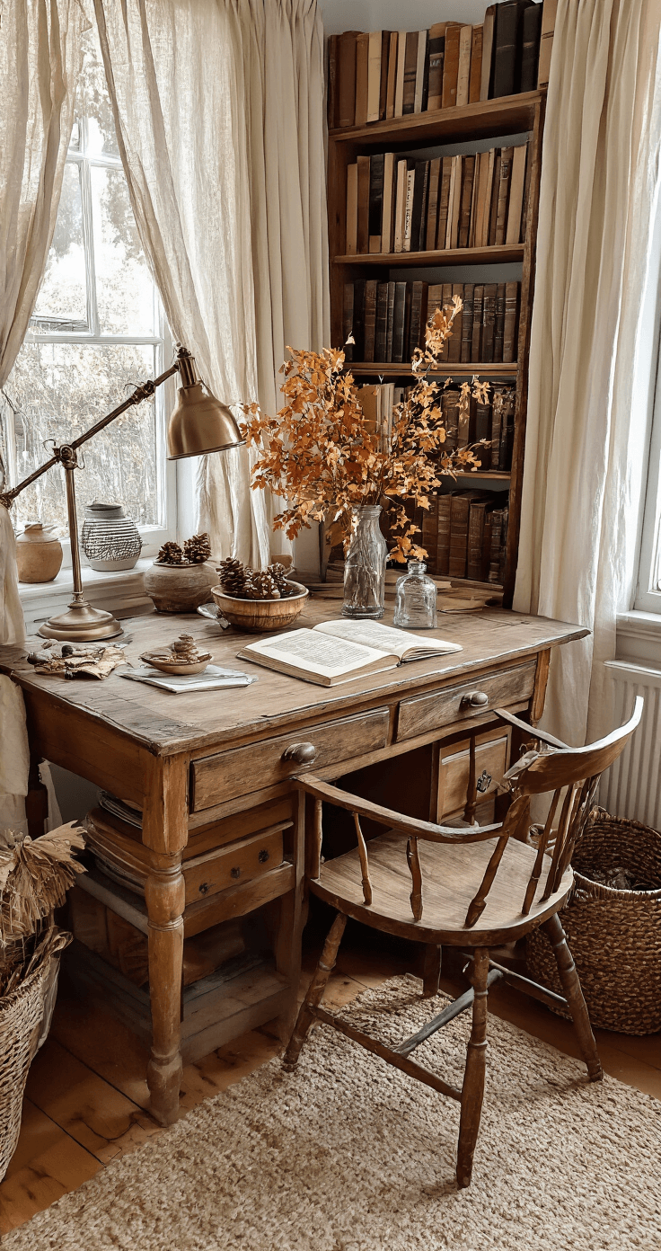 Zelf Herfstdecoraties Maken: Een Praktische Gids voor Warme en Gezellige Sferen Gezellige studeerkamer met antiek houten bureau, herfst fotocollage in uitvoering omringd door vintage fotolijsten, gedroogde bladeren, oude familiefoto's en kleine potjes met dennenappels, verlicht door warme middaglicht en een vintage bureaulamp.