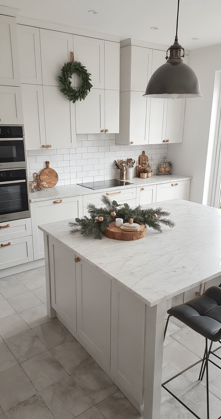 Moderne Kerst Decoratie: Je Interieur Transformeren met Minimalistische Elegantie Open keuken met kookeiland en marmeren werkblad, ochtendlicht, witte hoogglans kasten met messing handgrepen, kleine houten kerstboompjes en eucalyptuskrans, grijze leren barkrukken, belichting door natuurlijk licht en subtiele onderkastverlichting.